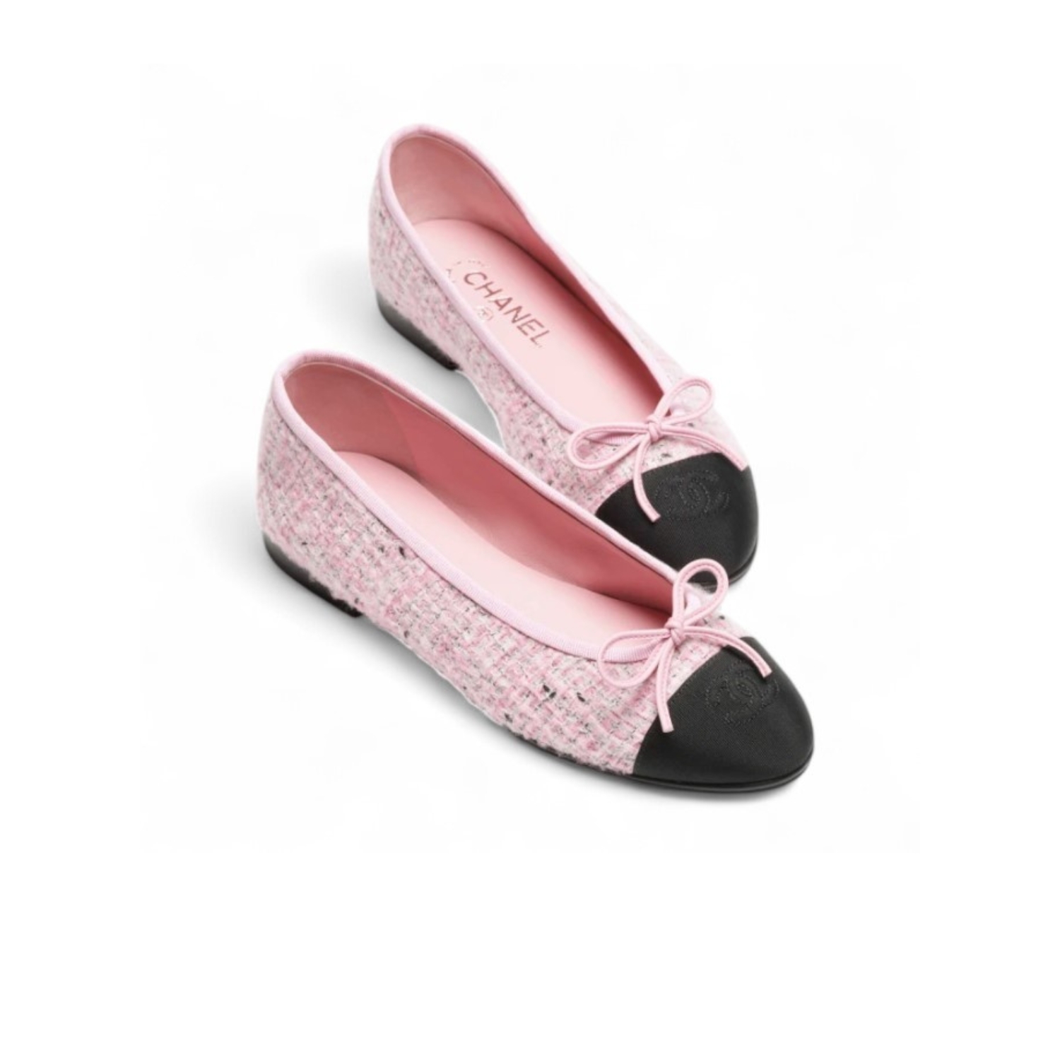 Ch**el Tweed Ballet Flats Pink/Black For Women G02819-B22294-U4373