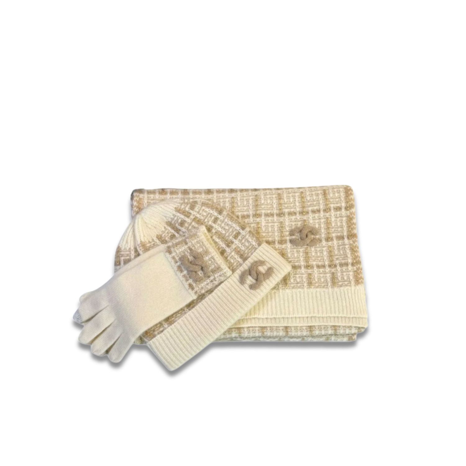 Ch**el Monochrome Winter Knit Set – Hat, Scarf And Gloves Beige For Women