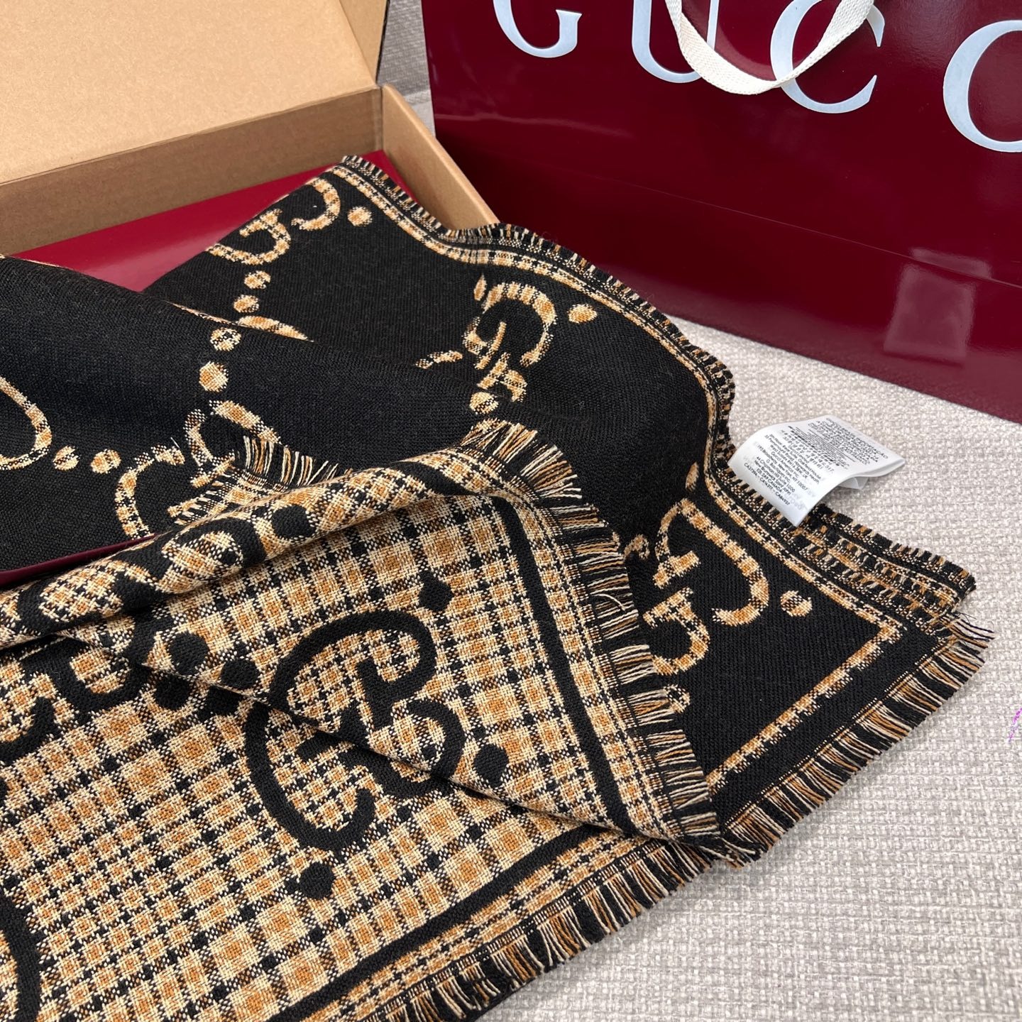 Gvc*1 Check GG Scarf Black And Beige 70.8in/180cm ‎660025 4G386 1079