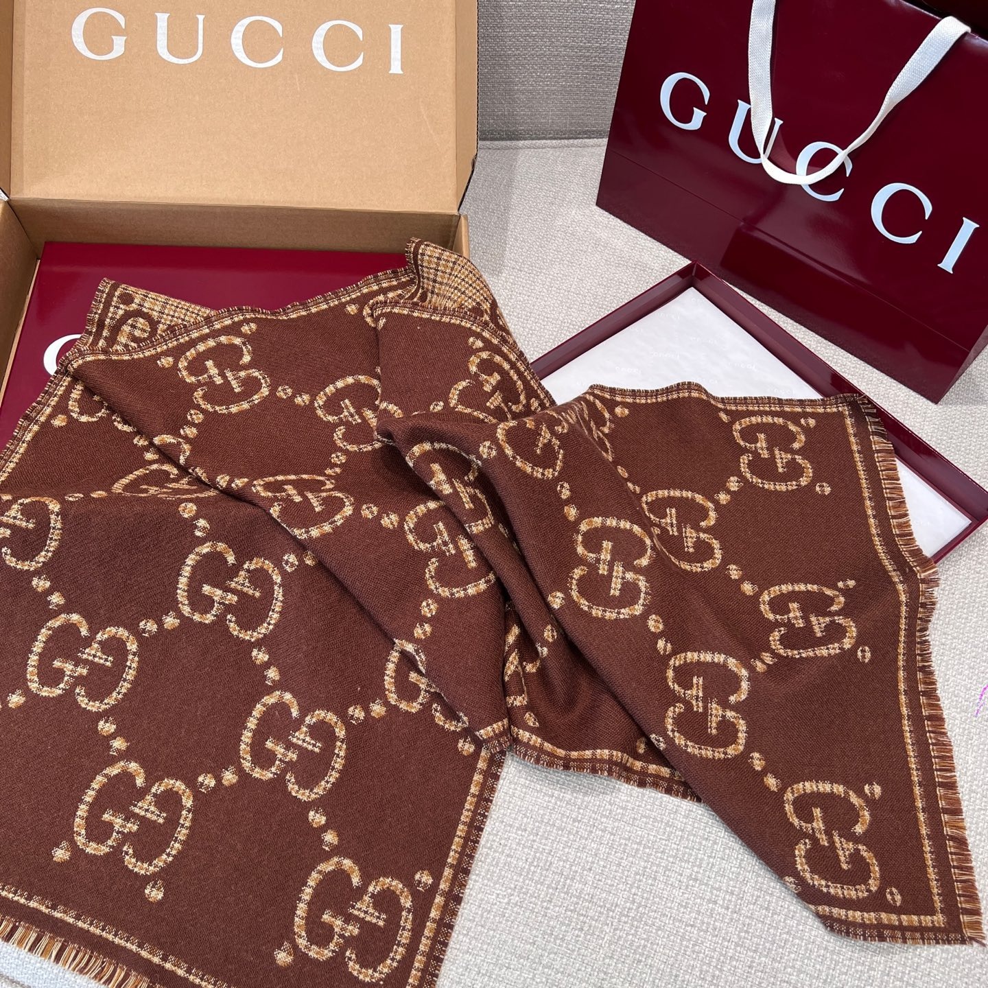 Gvc*1 GG Scarf Brown And Beige 71in/180cm ‎660025 4G386 2579