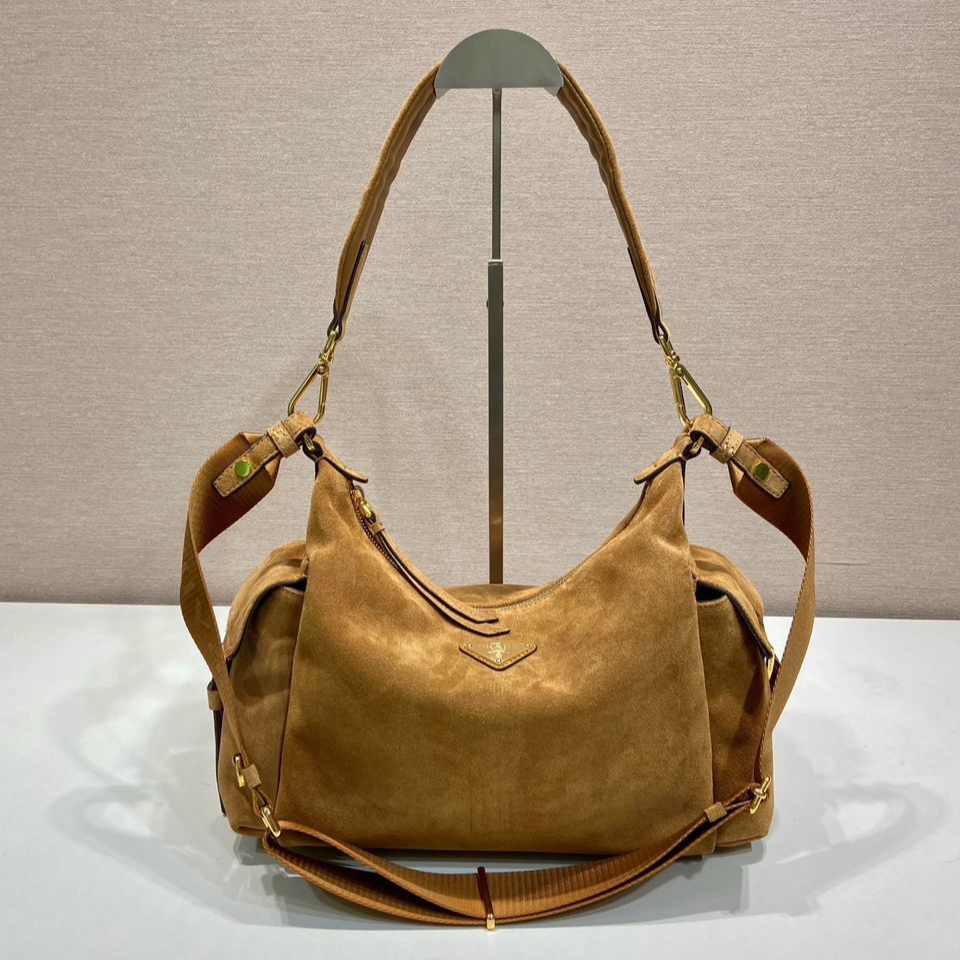 [True-to-ORIGINAL] Pra*a Explore Large Suede Bag Cinnamon For Women 32cm/12.6in 1BC264_008_F0401_V_NOO