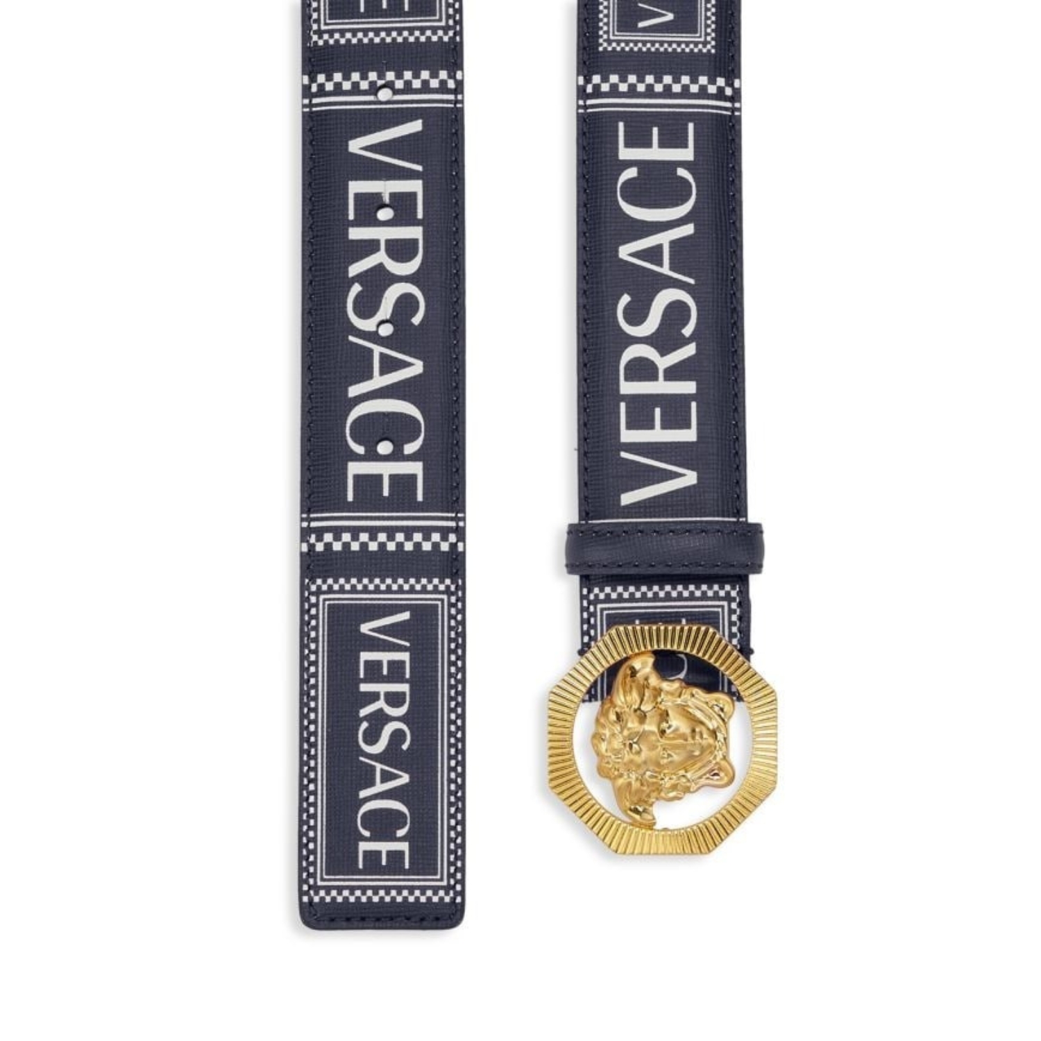 Versace Medusa Buckle Logo Leather Belt Navy 4cm For Men