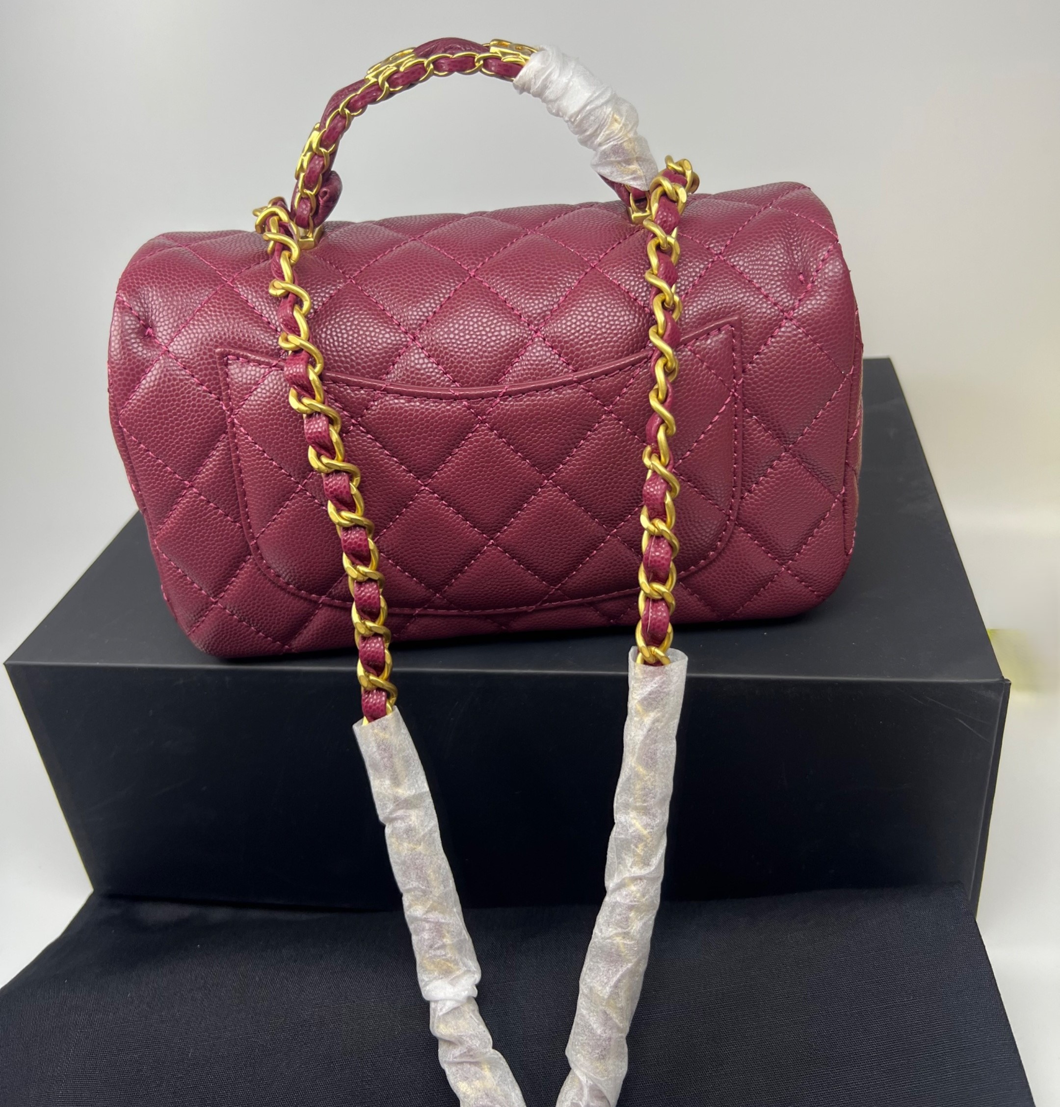 [True-to-ORIGINAL] Ch**el Flapbag With Top Handle Burgundy For Women 7.7in/19.5cm
