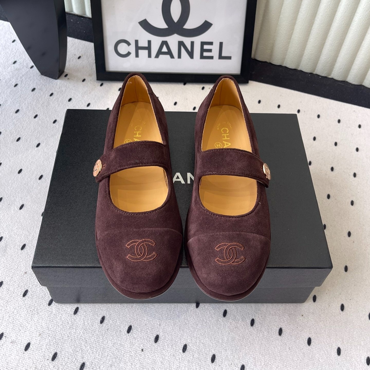 Ch**el Mary Jane Flats Burgundy Suede For Women