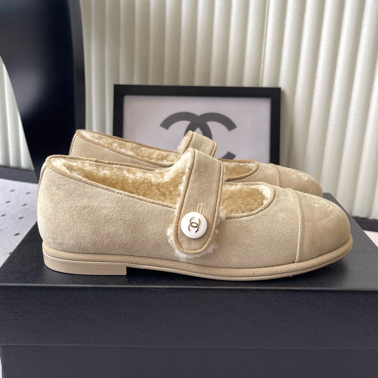 Ch**el Mary Jane Flats Beige Suede Shearling For Women