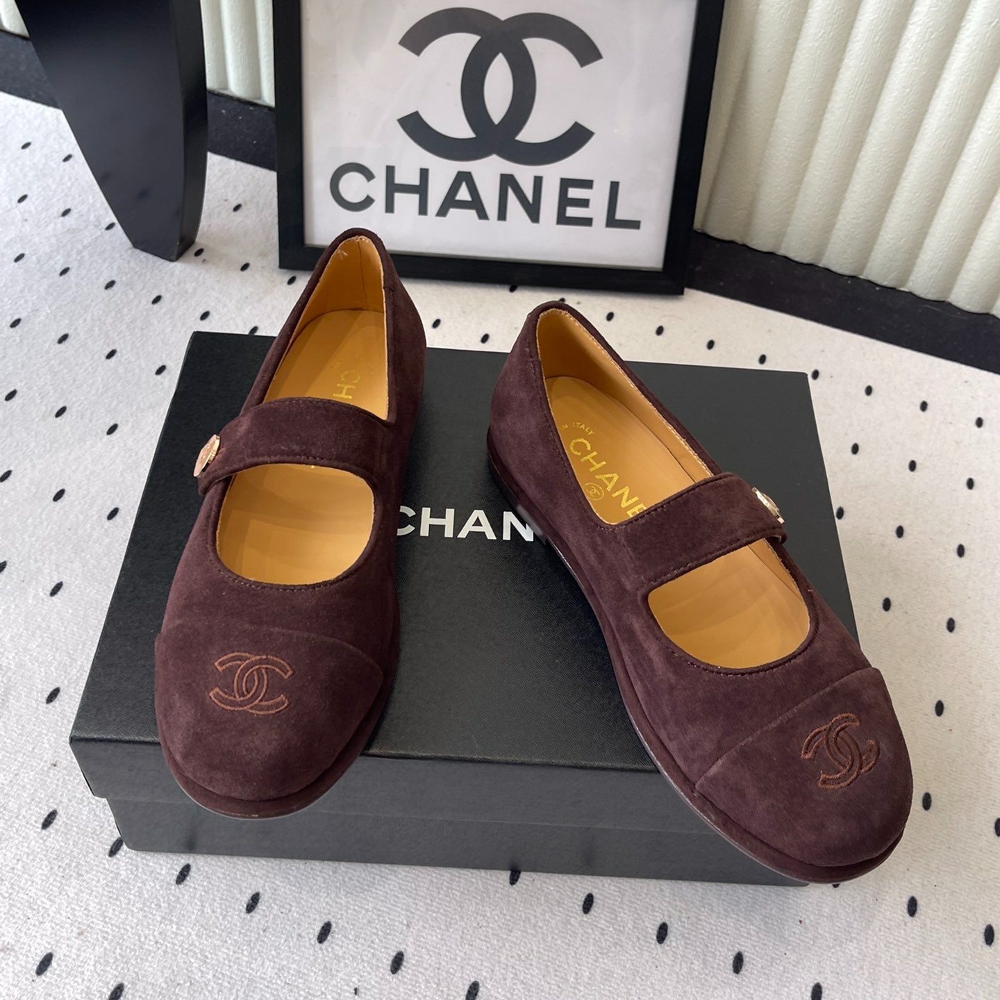 Ch**el Mary Jane Flats Burgundy Suede For Women