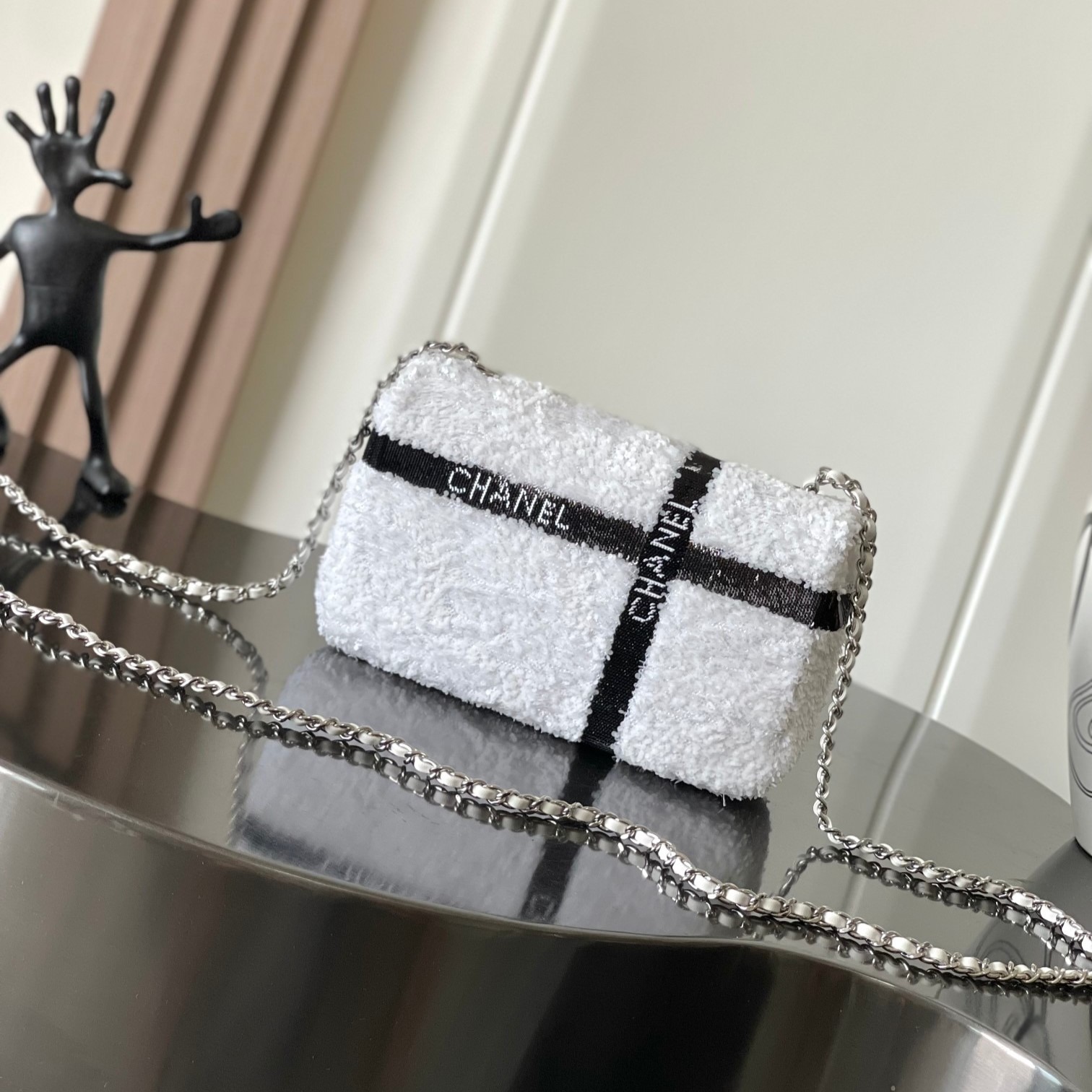 [True-to-ORIGINAL] Ch**el Sequin Bow Mini Flap Bag White For Women 7.9in/20cm