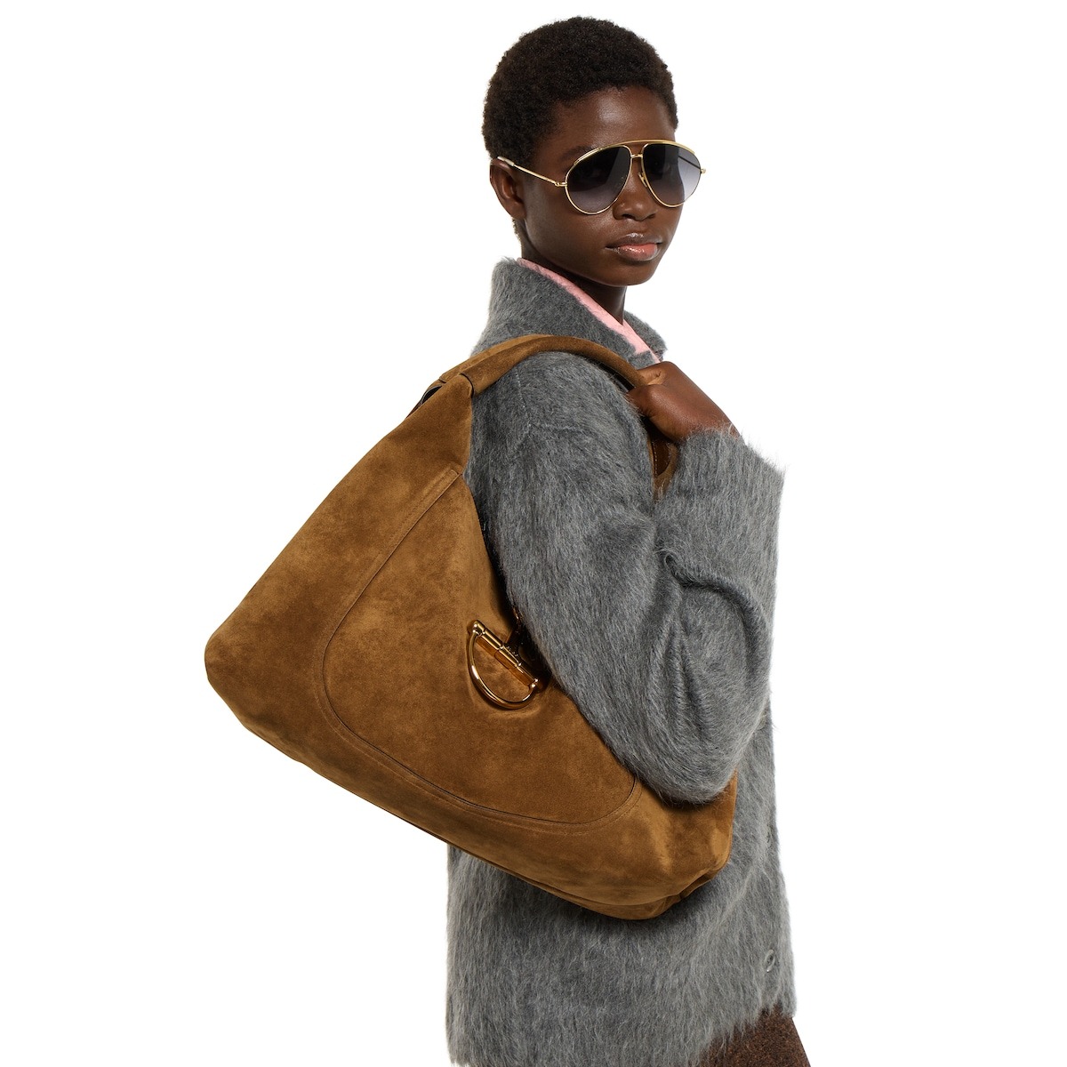 [True-to-ORIGINAL] Gvc*1 Softbit Maxi Shoulder Bag Brown Suede For Women 18.1in/46cm 837466 AAFLB 2118