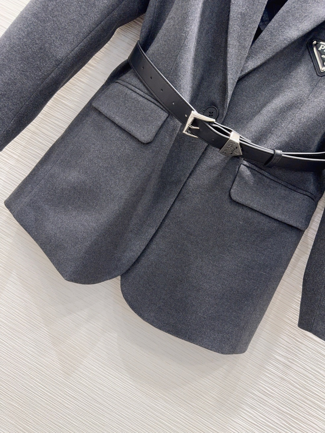 Pra*a Belted Tailored Blazer With Triangle Logo Grey For Women