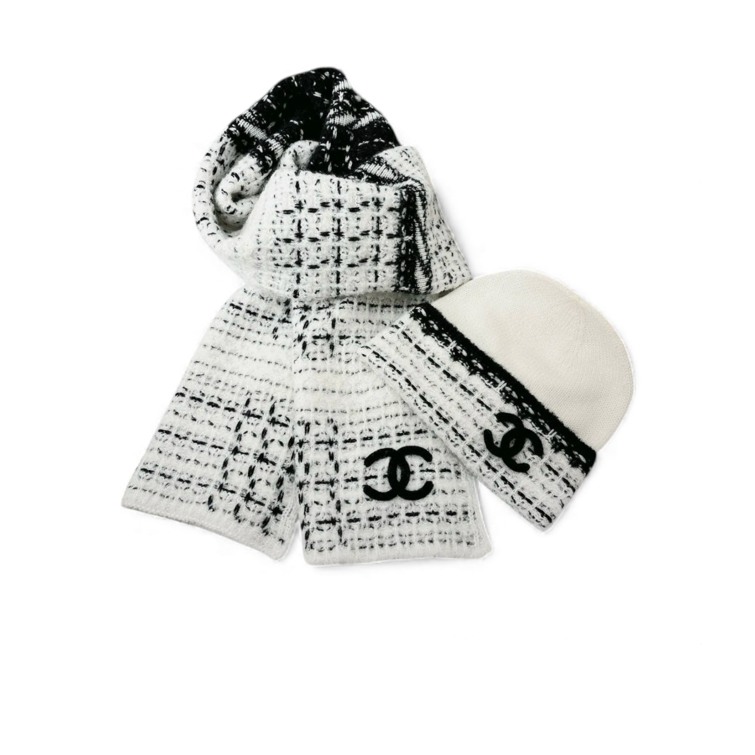 Ch**el Scarf And Beanie Set In Black/White For Women