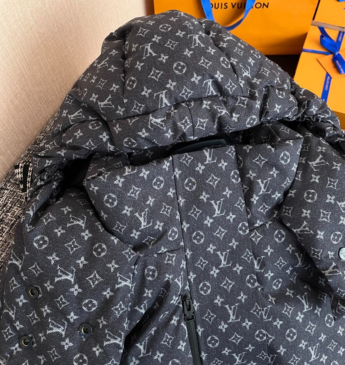 L0vis Vvtt0n Denim-Effect Monogram Ski Jacket Dark Grey For Women 1AIPGV