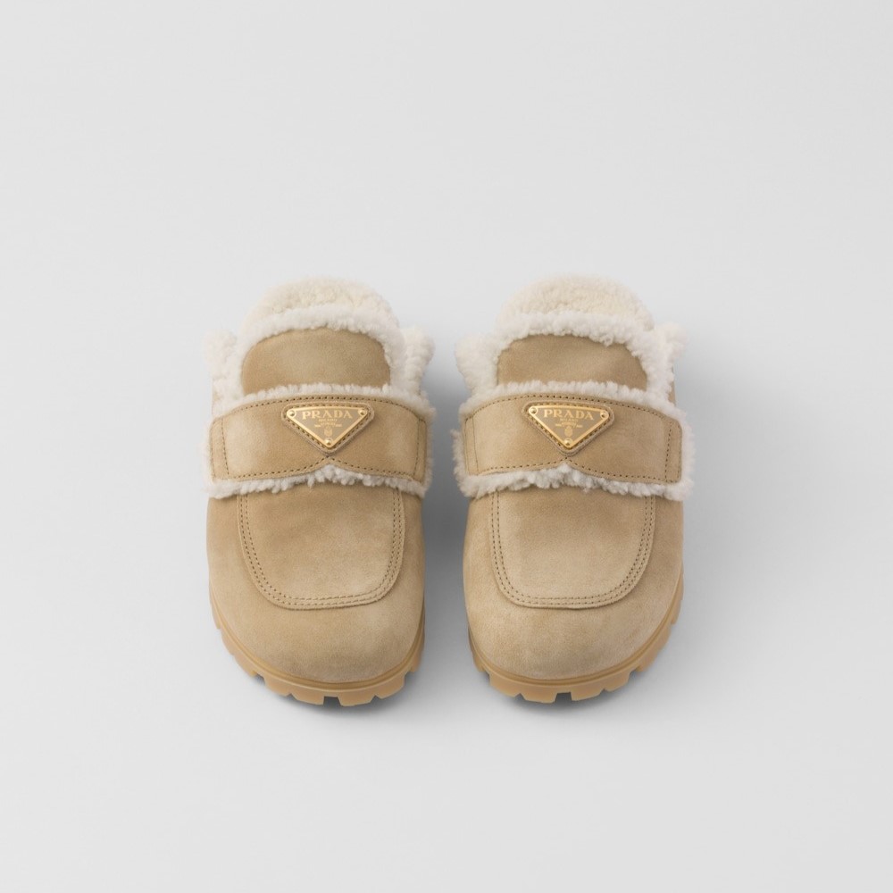Pra*a Suede And Shearling Slippers Ecru For Women 1S711M_X0O_F0379_F_ZG20