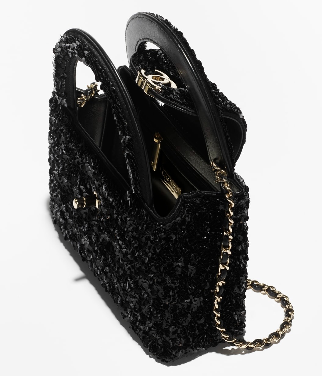 Ch**el Mini Shopping Bag Sequins Gold-Tone Metal Black For Women 19cm/7.5in – AS4416-B22757-94305