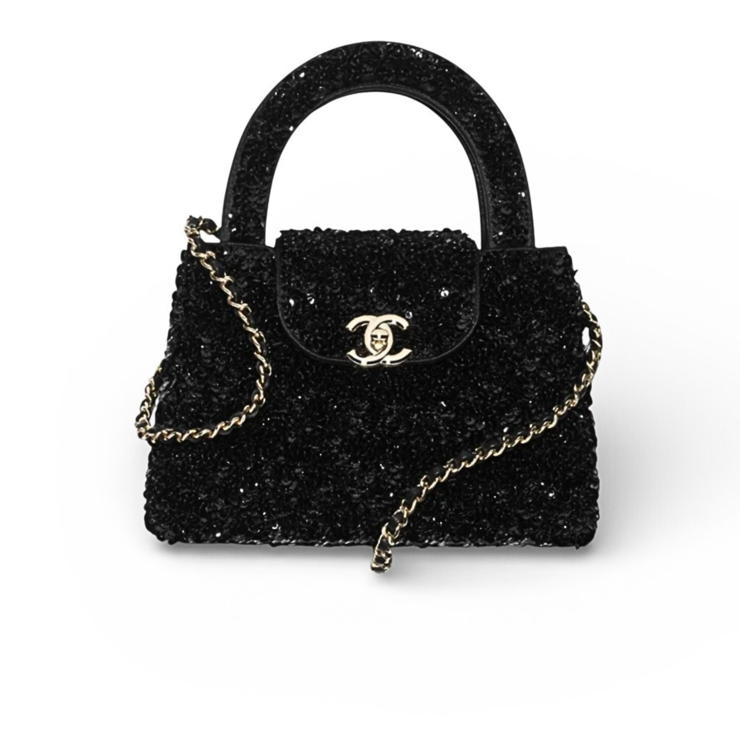 Ch**el Mini Shopping Bag Sequins Gold-Tone Metal Black For Women 19cm/7.5in – AS4416-B22757-94305