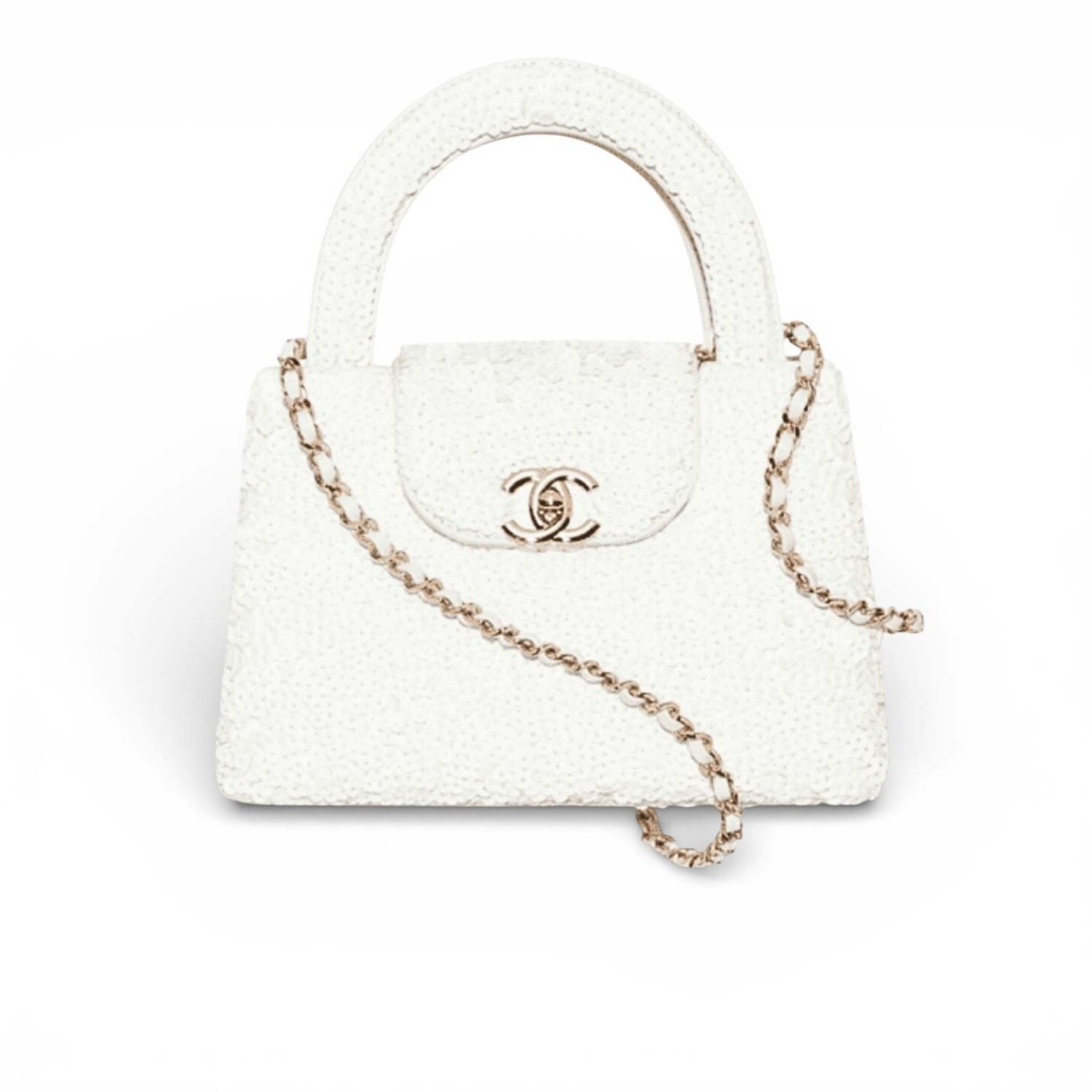 Ch**el Mini Shopping Bag Sequins Gold-Tone Metal White For Women 19cm/7.5in – AS4416-B22757-10601