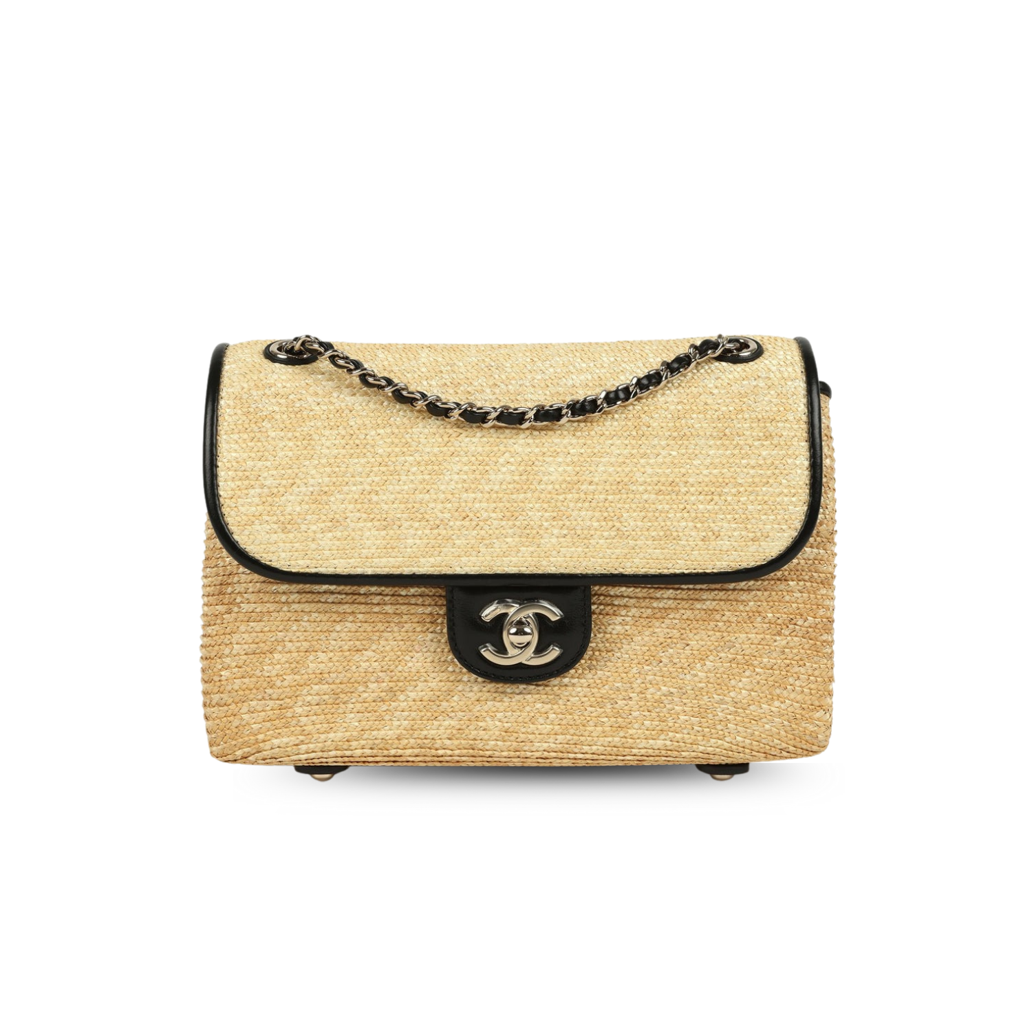 Ch**el Small Flap Bag Dark Beige/Black Straw For Women 9.1in/23cm