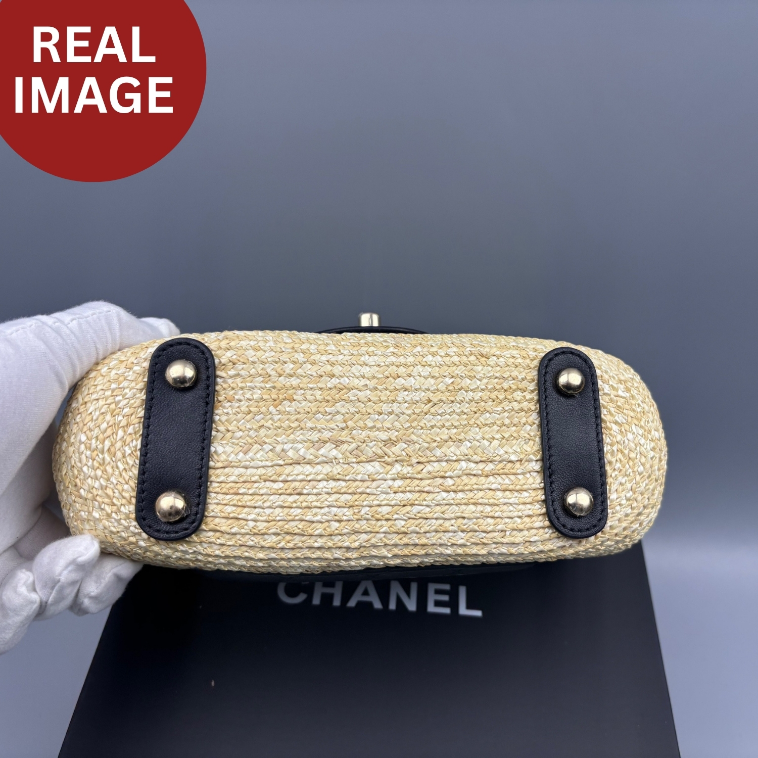 Ch**el Small Flap Bag Dark Beige/Black Straw For Women 9.1in/23cm