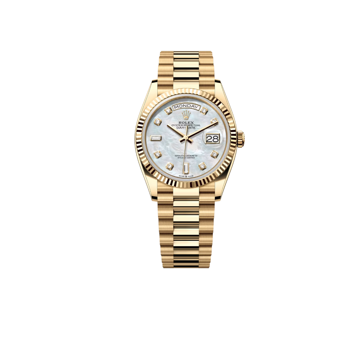 R01ex Day-Date 36 Watch Gold Toned White Pearl Dial 36mm For Men 128238-0011