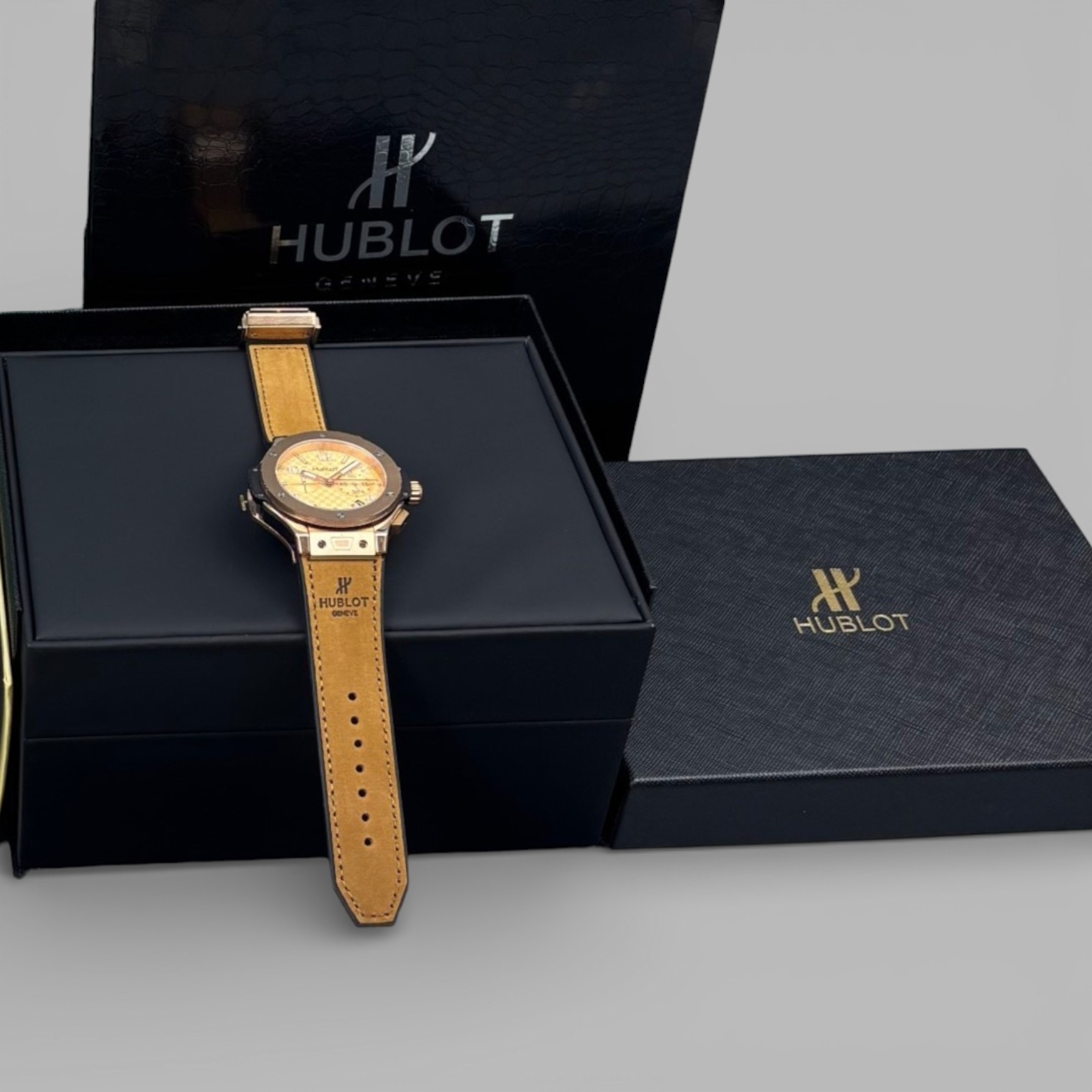 Hublot Big Bang Watch Chronograph Brown Strap Gold Dial 45mm For Men