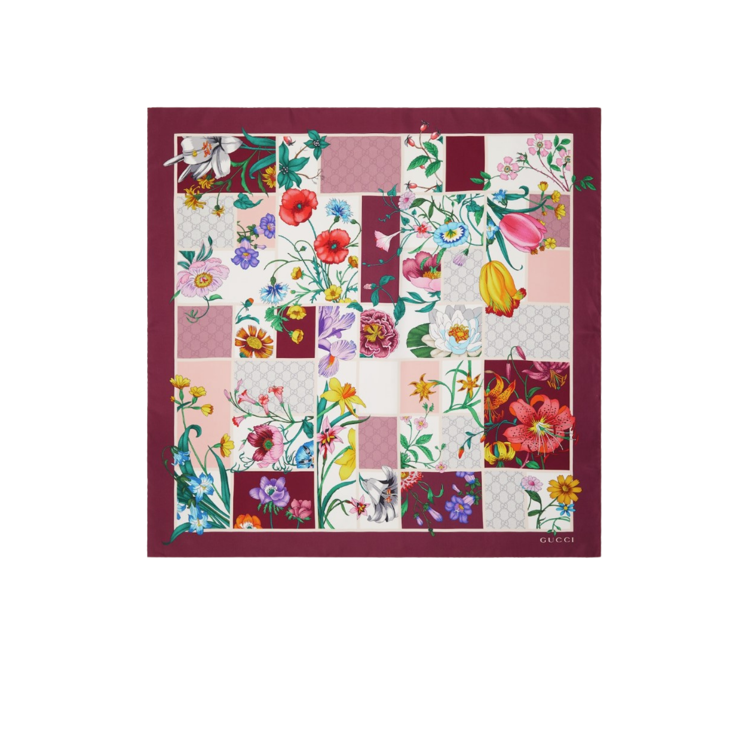 Gvc*1 Printed Silk Twill Carre Scarf Bordeaux For Women 850107 3G001 5472