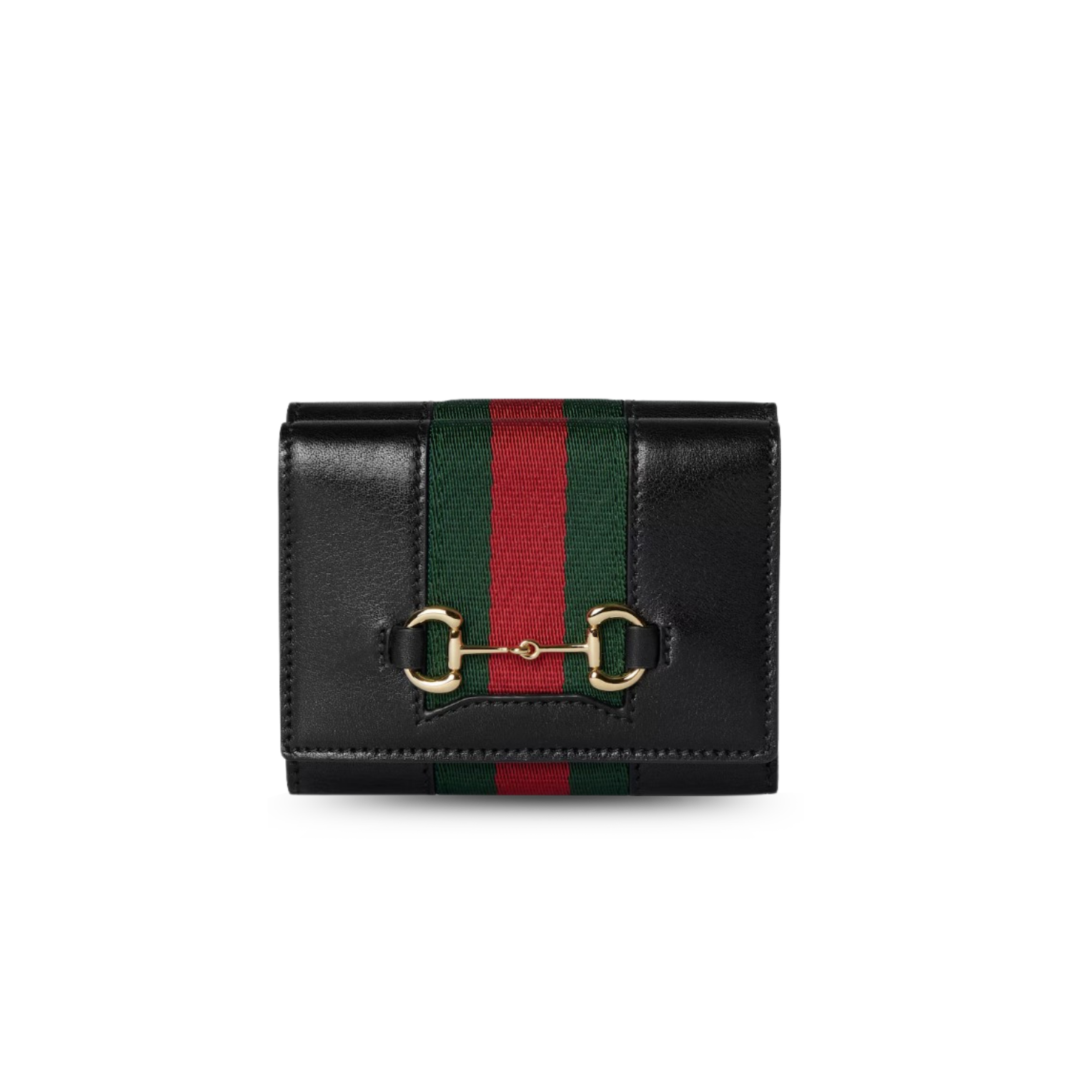 Gvc*1 Horsebit Web Small Tri-fold Wallet 3.9in/ 10cm Black Gold Hardware ‎For Women 867131 AAGF7 1053