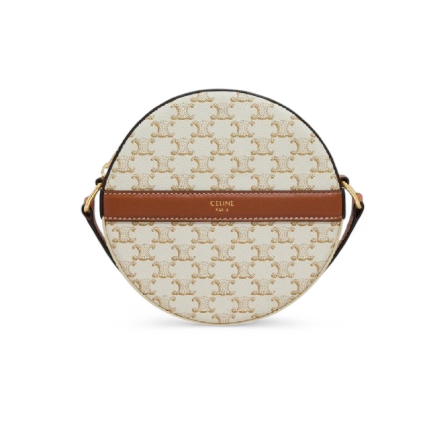 Ce1i*e Round Purse On Strap In Triomphe Canvas White/Brown For Women‎ 5in/13.5cm
