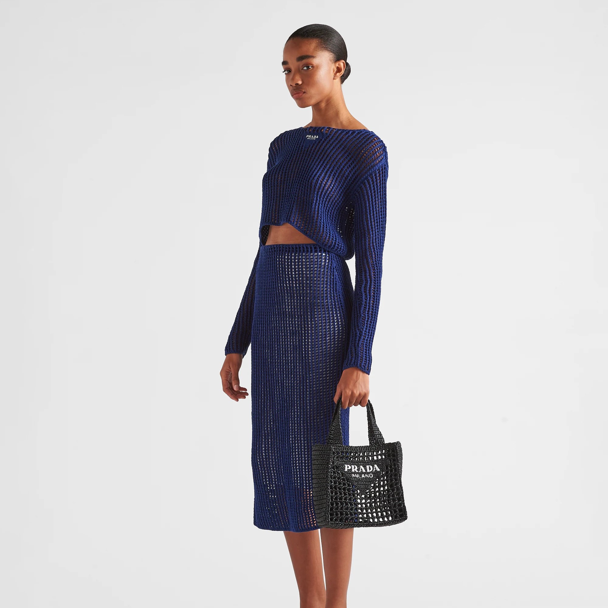 Pra*a Small Raffia Tote Black For Women 22cm/ 8.7in – 1BG444_2A2T_F0002_V_OOO