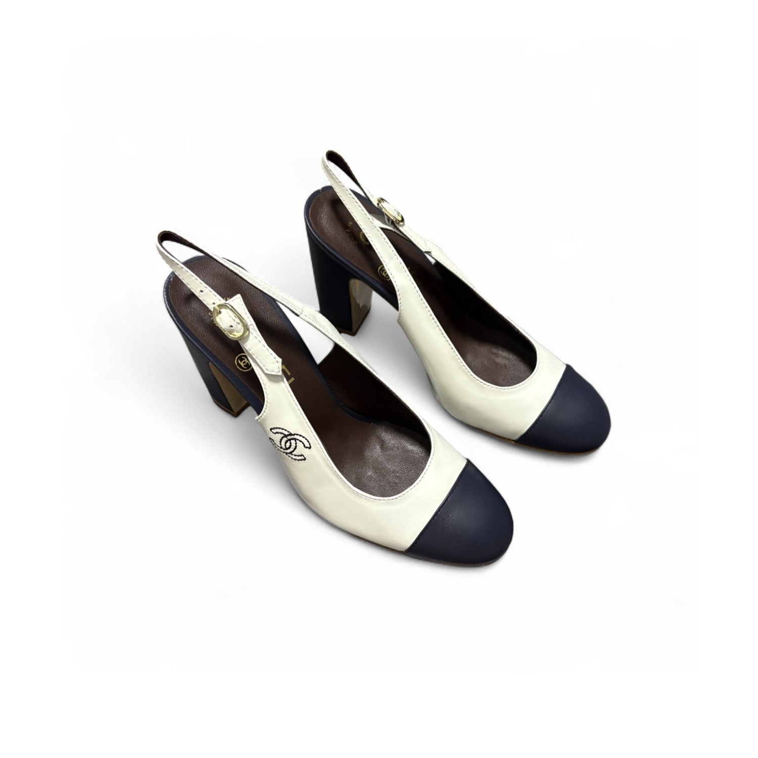 Ch**el Slingbacks White And Dark Blue For Women – G45564 B15702 NV160 – 41 EU – 10 US – 25.5 Cm – 10 In