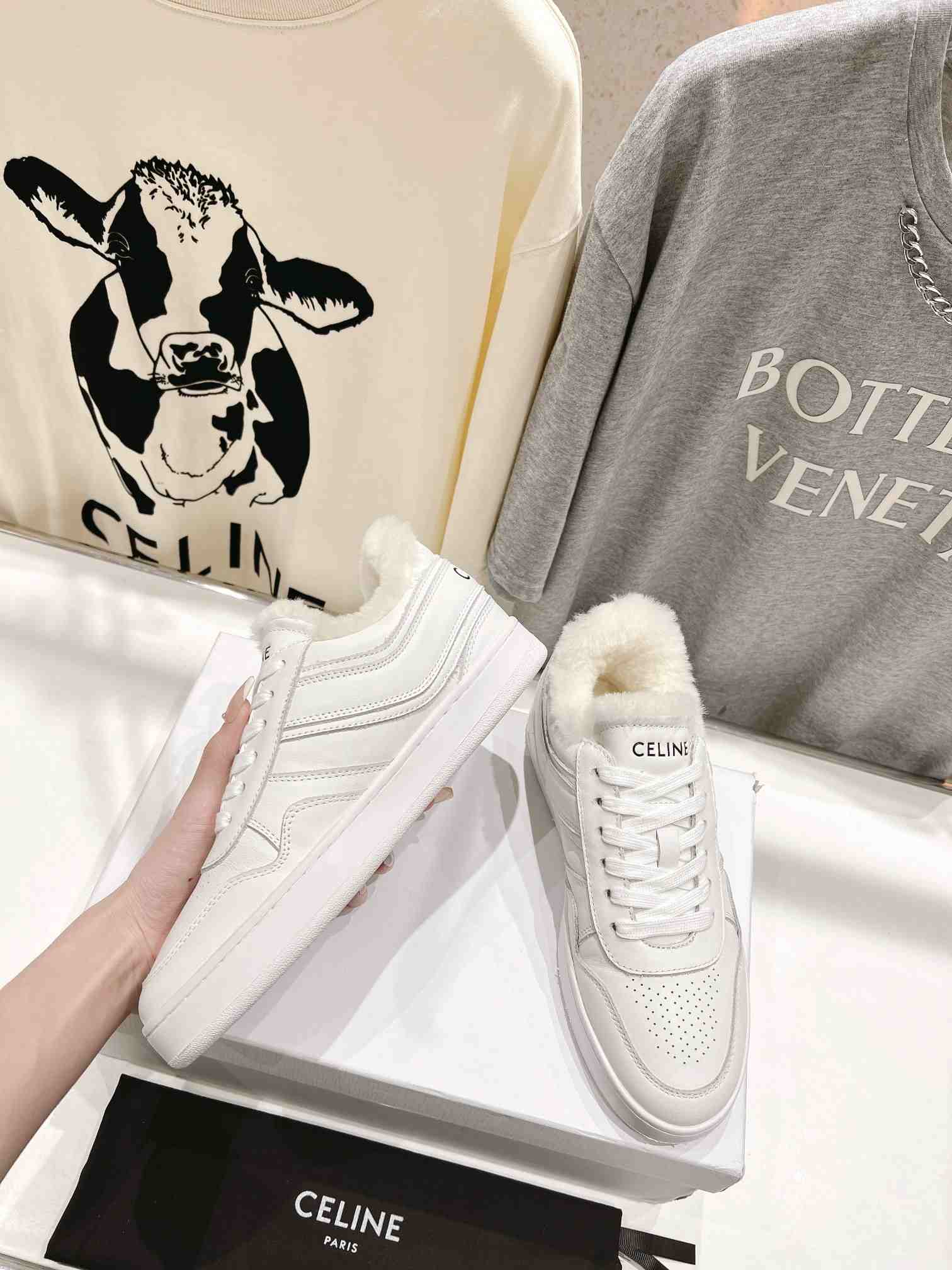 Ce1i*e Trainer Low Lace-Up Sneaker In Fur White For Women