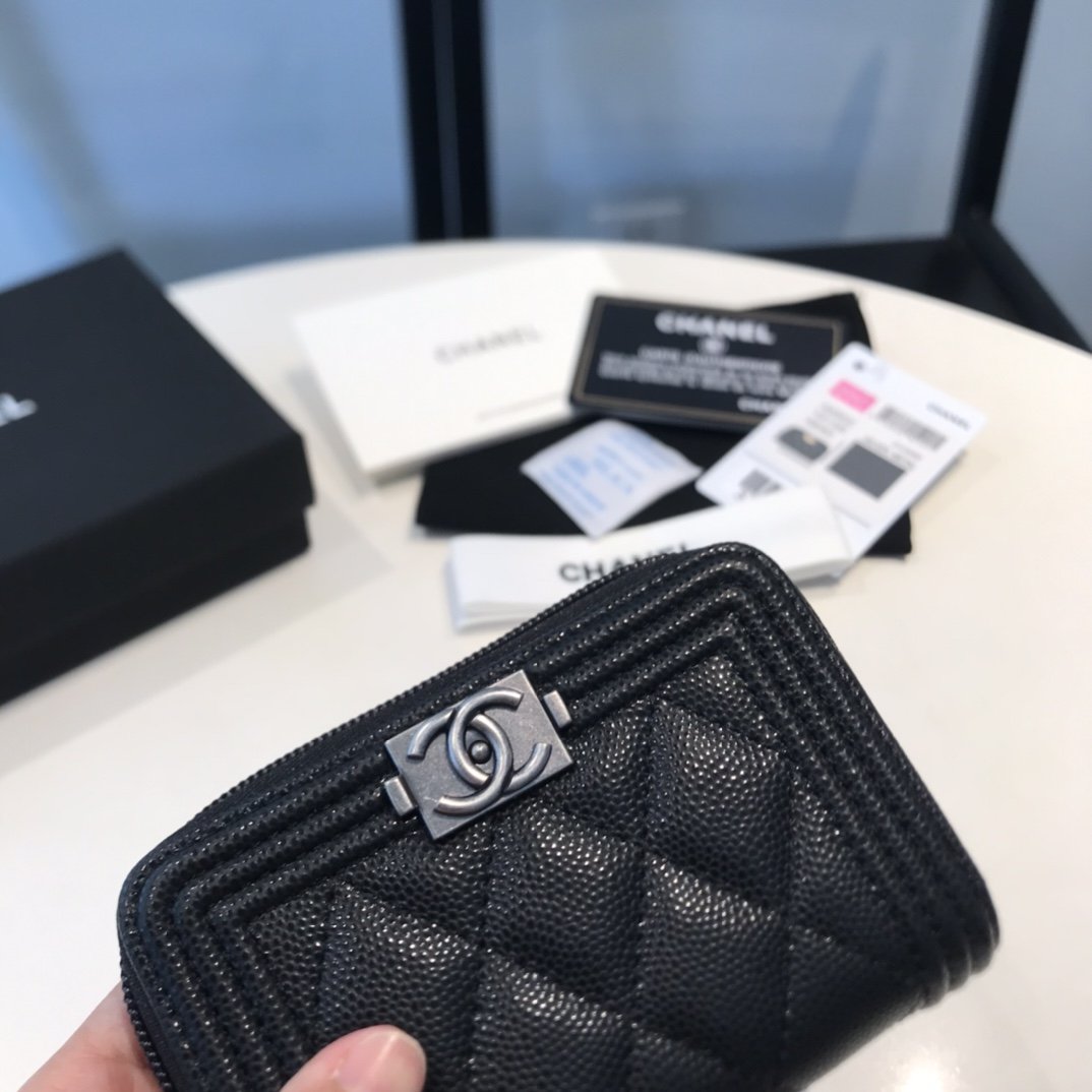 Ch**el CO-CO Boy Flap Card Holder Black Silver Hardware For Women 11.5cm/4.5in