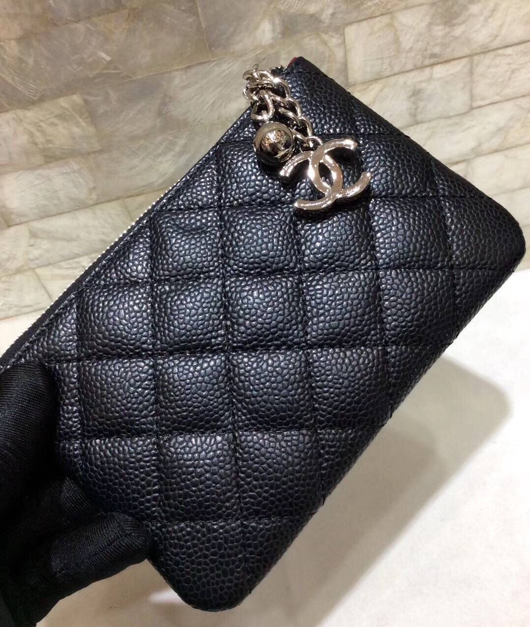 Ch**el CO-CO Classic Mini Pouch Wallet 14cm/5.5in Silver Toned Hardware For Women Black