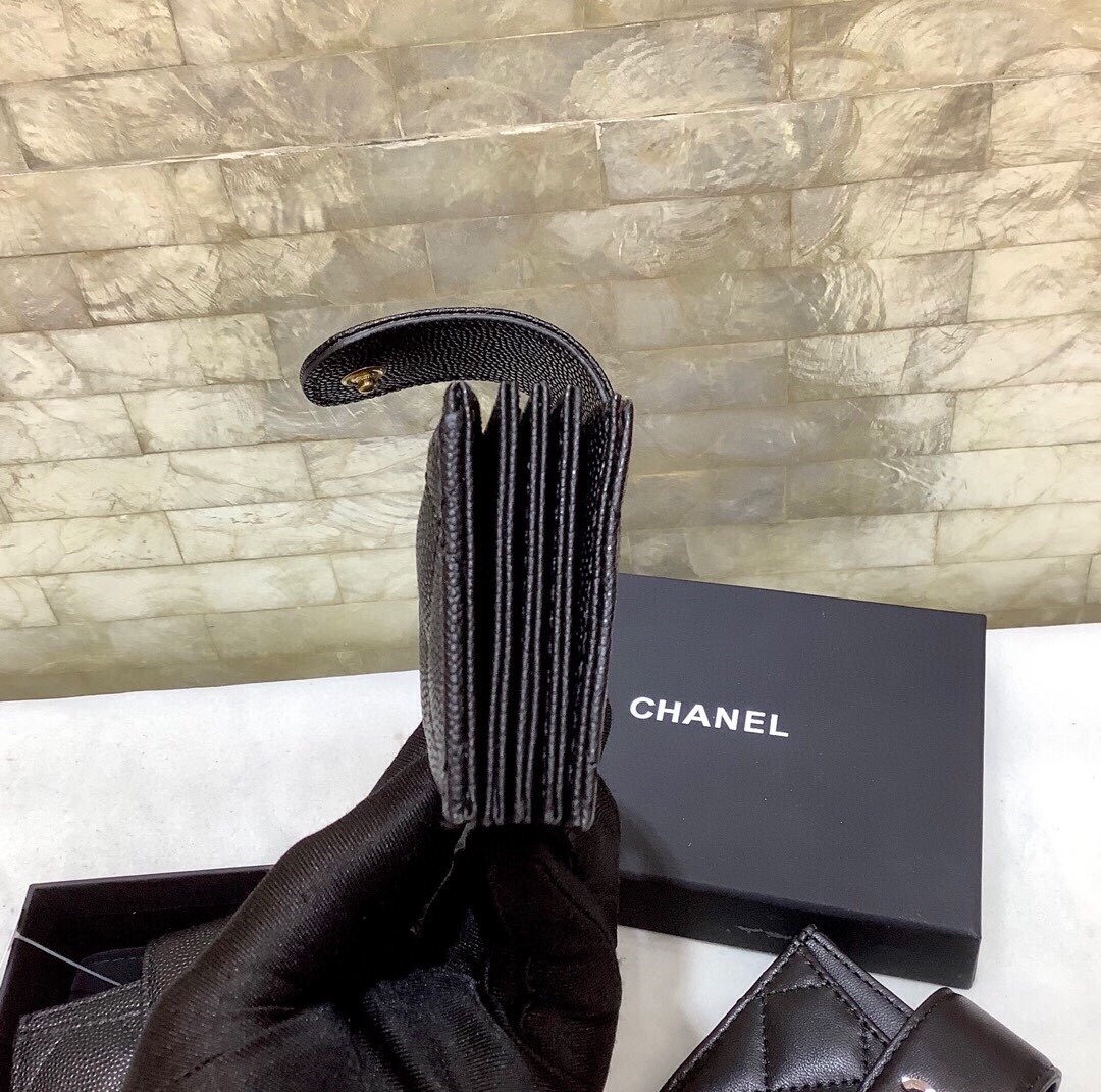 Ch**el CO-CO Card Holder Wallet Black Gold Hardware For Women 10cm/4in