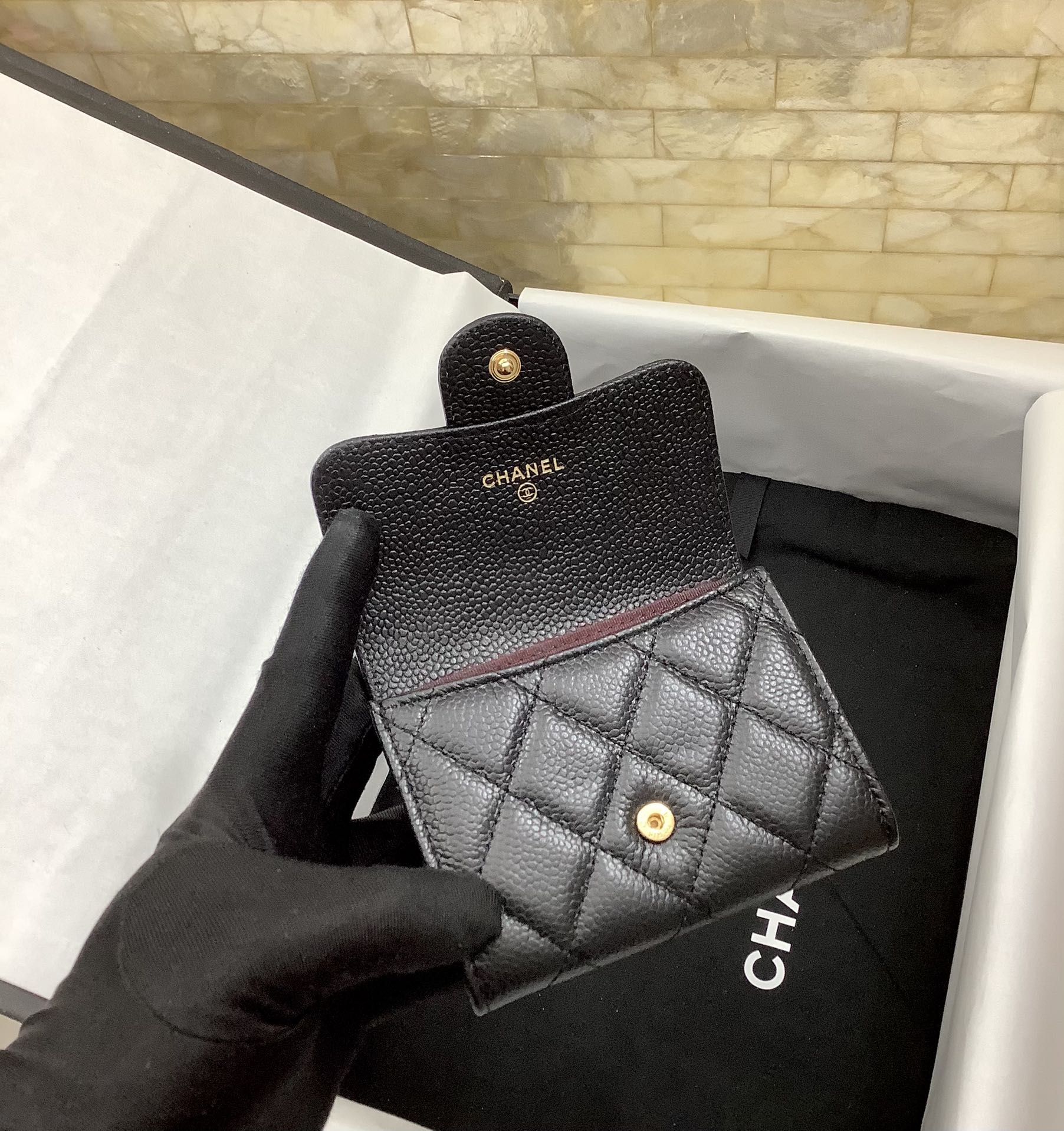 Ch**el CO-CO Classic Card Holder Black Gold Hardware For Women 11cm/4.4in