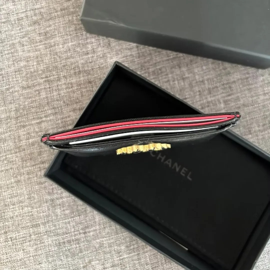 Ch**el CO-CO 19 Card Holder Wallet Black Gold Toned Hardware For Women 11cm/4.3in