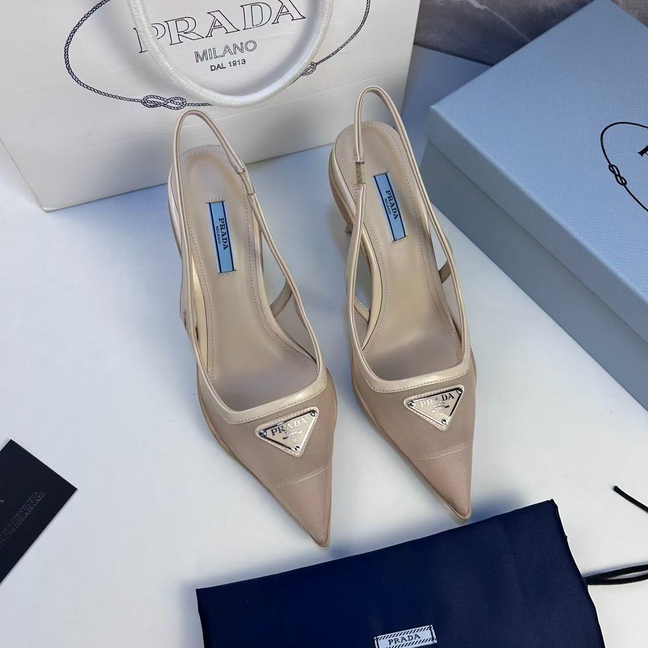 Pra*a Mesh Fabric Slingback Pumps Beige For Women PRD 1I828M_099_F0F24_F_045