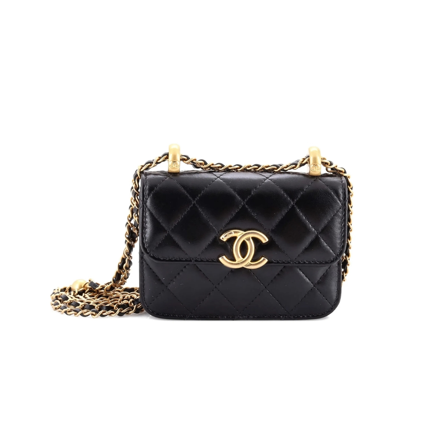 Ch**el CO-CO Clutch With Chain 9.5cm/3.7in Gold Toned Hardware For Women Black