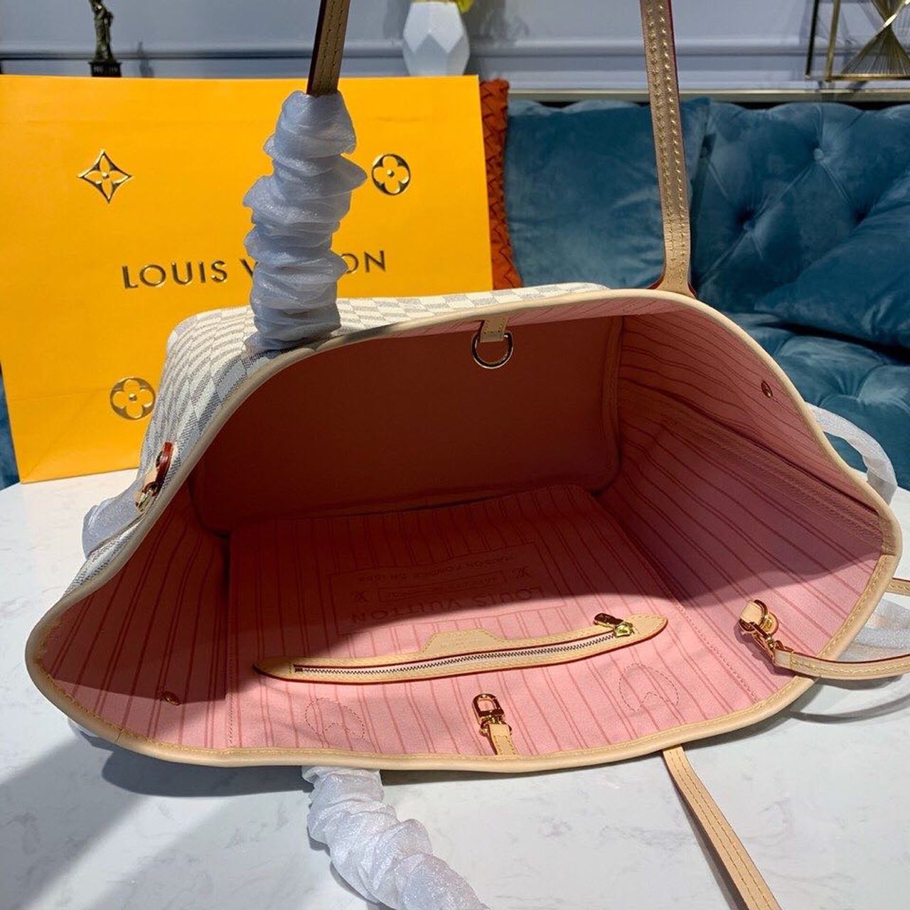 L0vis Vvtt0n Neverfull MM Tote Bag Damier Azur Canvas Rose Ballerine Pink For Women, Women’s Bags, Shoulder Bags 12.2in/31cm LV N41605