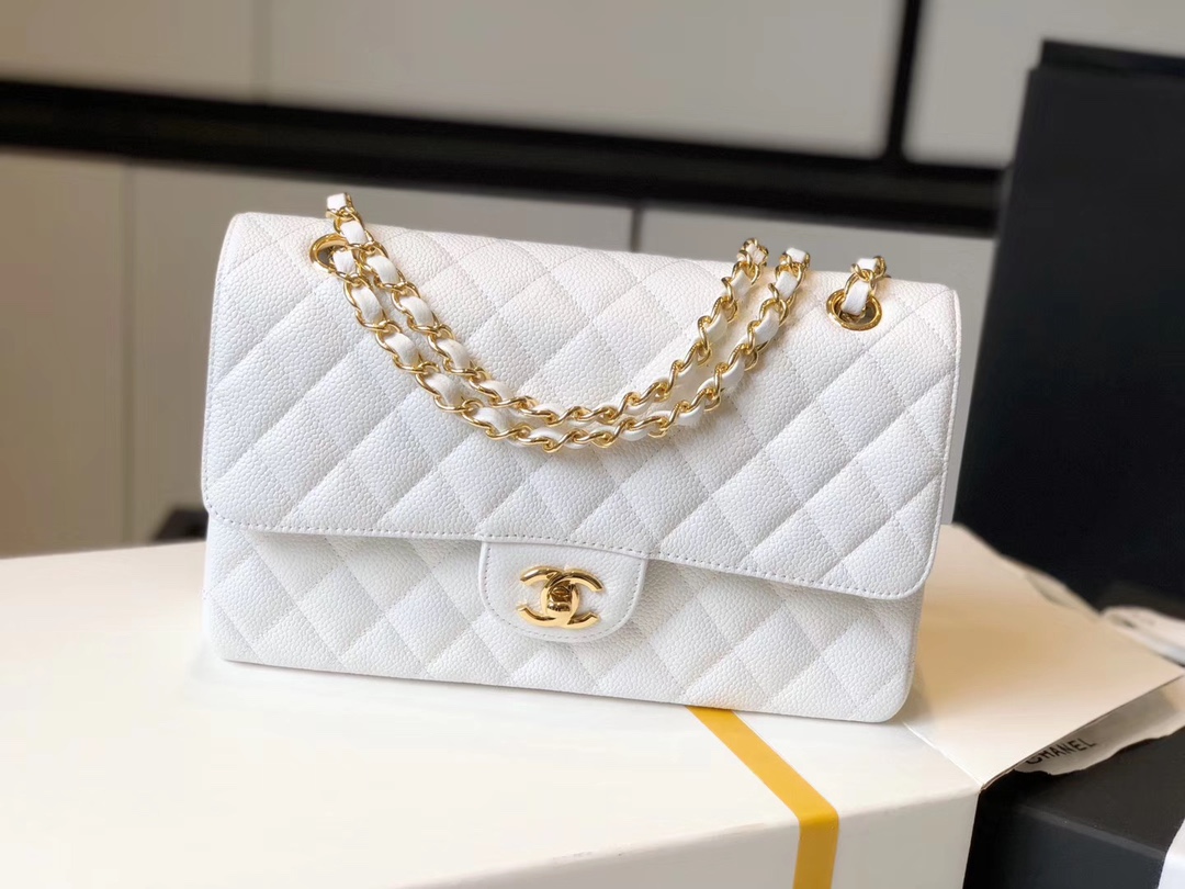 Ch**el Classic Medium Flapbag Golden Hardware White 10in/25.5cm