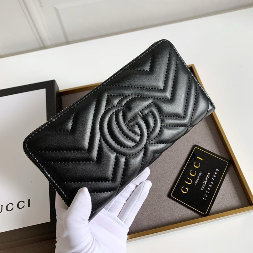 Gvc*1 GG Marmont Zip Around Wallet Black For Women 7.4in/19cm 443123 DTD1T 1000