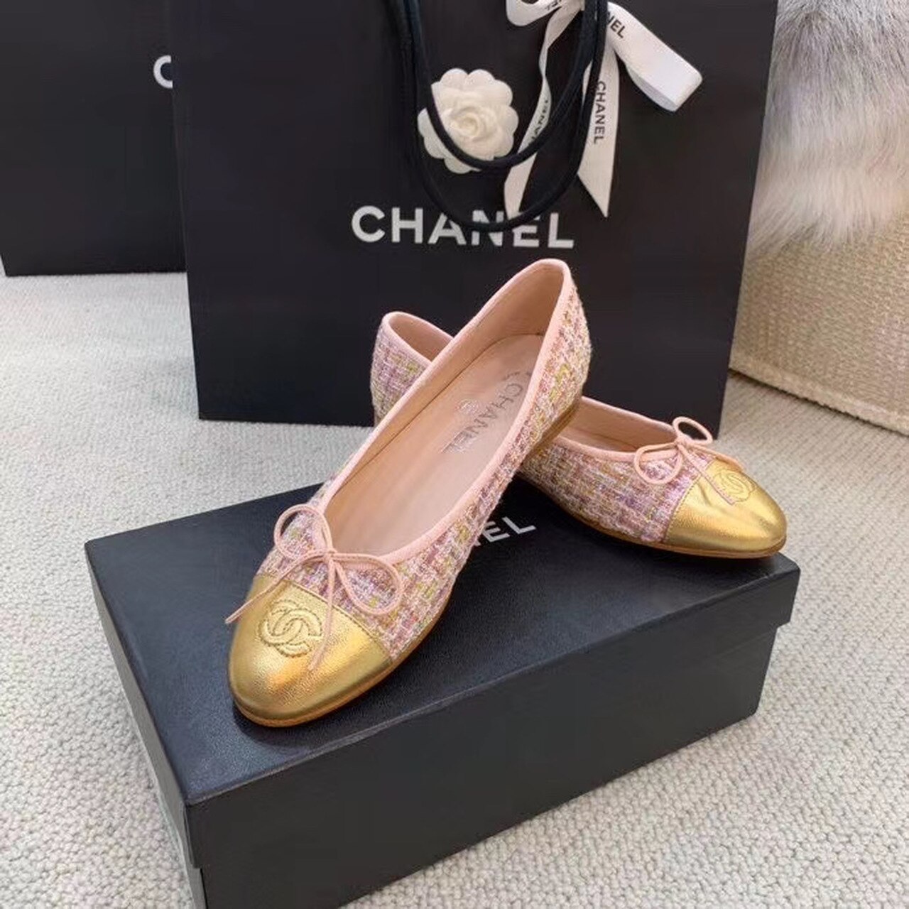 Ch**el Ballerina Flats Tweed and Grosgrain Pink/Gold For Women, Women’s Shoes G02819