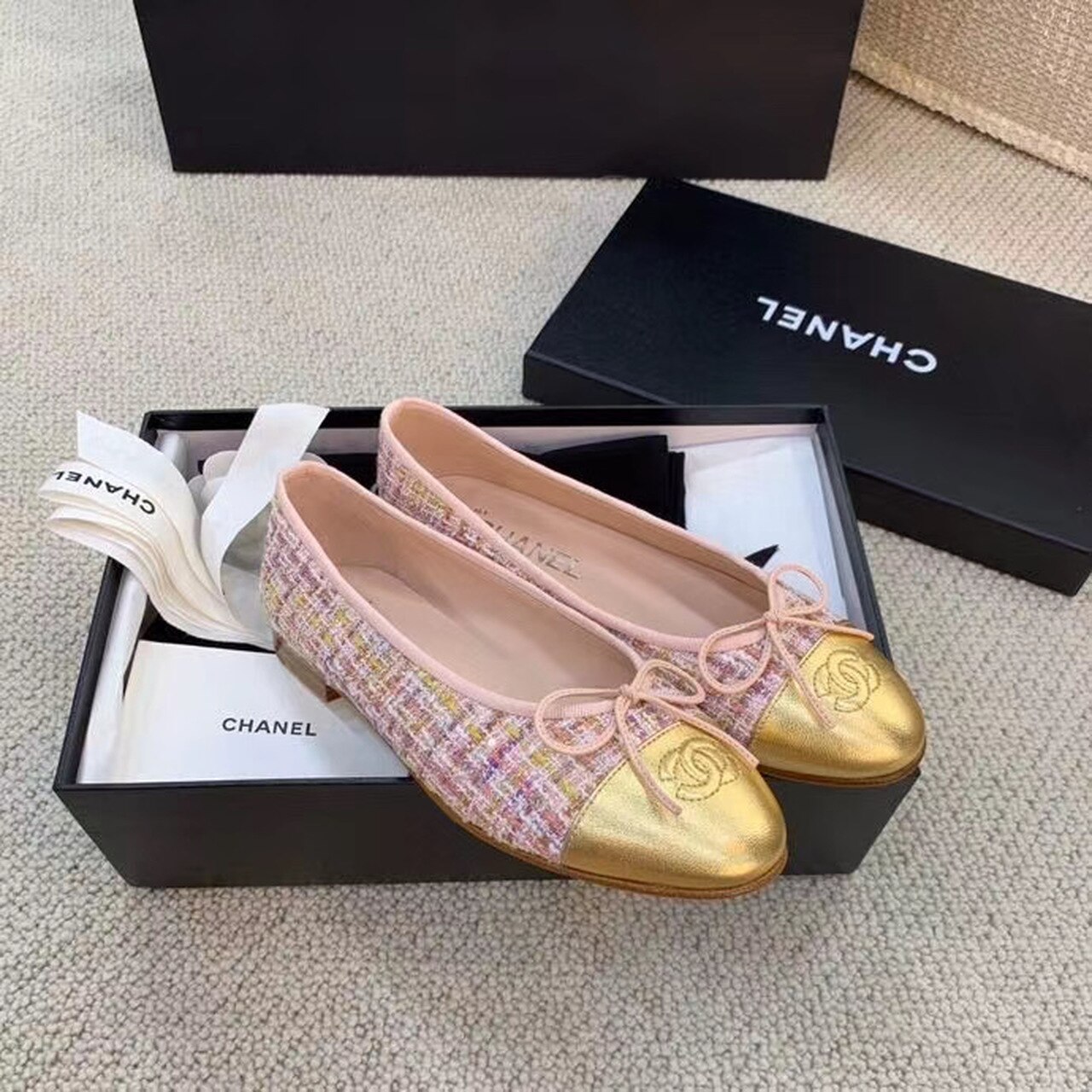 Ch**el Ballerina Flats Tweed and Grosgrain Pink/Gold For Women, Women’s Shoes G02819