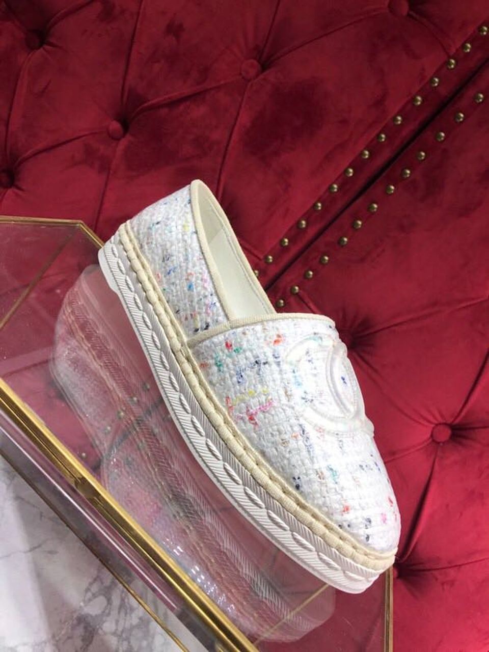 Ch**el Tweed/PVC CC Logo Espadrilles White For Women, Women’s Shoes