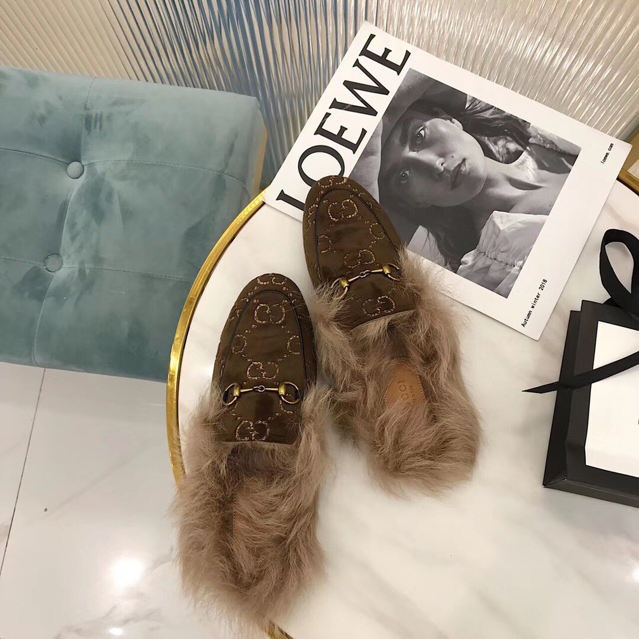 Gvc*1 Princetown Velvet Fur Slipper Mules 448657 Calfskin Leather Pre-Fall/Winter Collection, Brown