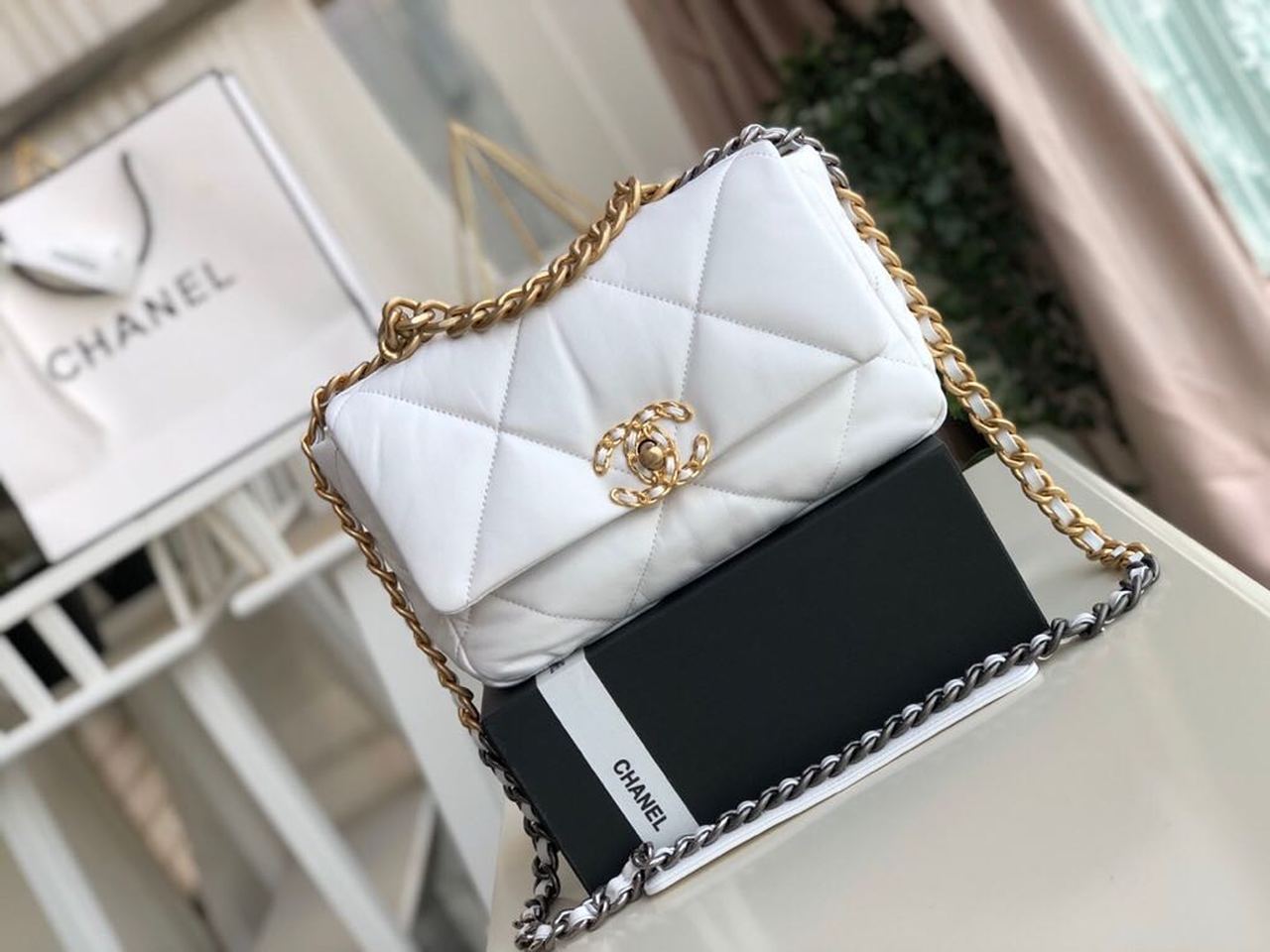 Ch**el 19 HandBag White For Women 10.1in/26cm AS1160