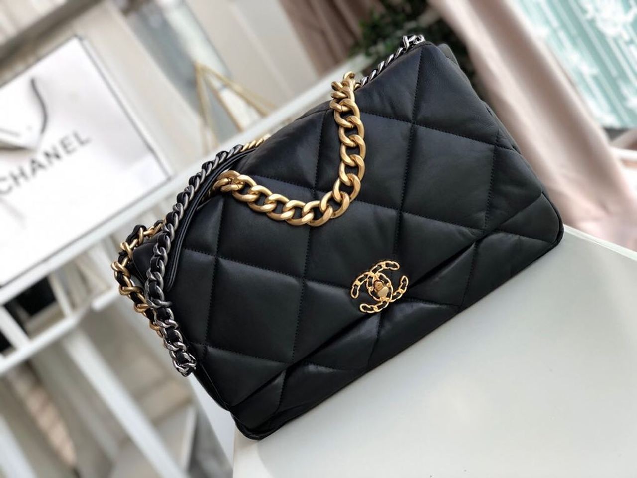Ch**el 19 Maxi Handbag Black For Women, Women’s Bags, Shoulder And Crossbody Bags 14in/36cm AS1162 B04852 94305