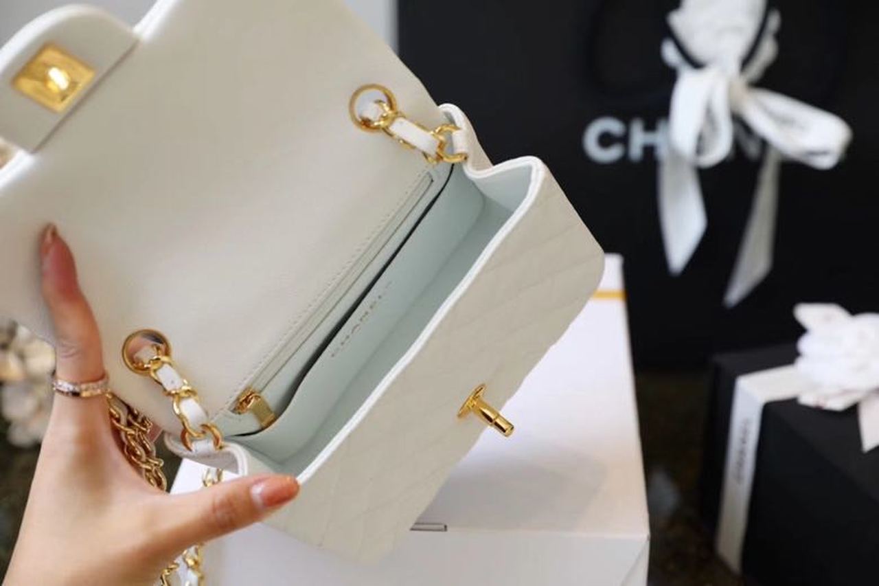 Ch**el Classic Mini Flap Bag Golden Hardware White For Women 6.6in/17cm A35200