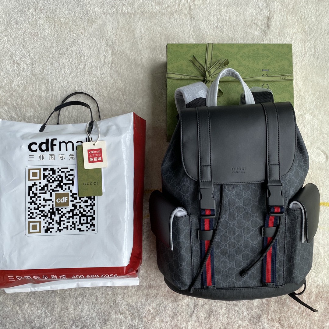 Gvc*1 Black Backpack Black/Grey Soft GG Svp*me Blue And Red Web For Men 16.5in/42cm 495563 K9R8X 1071