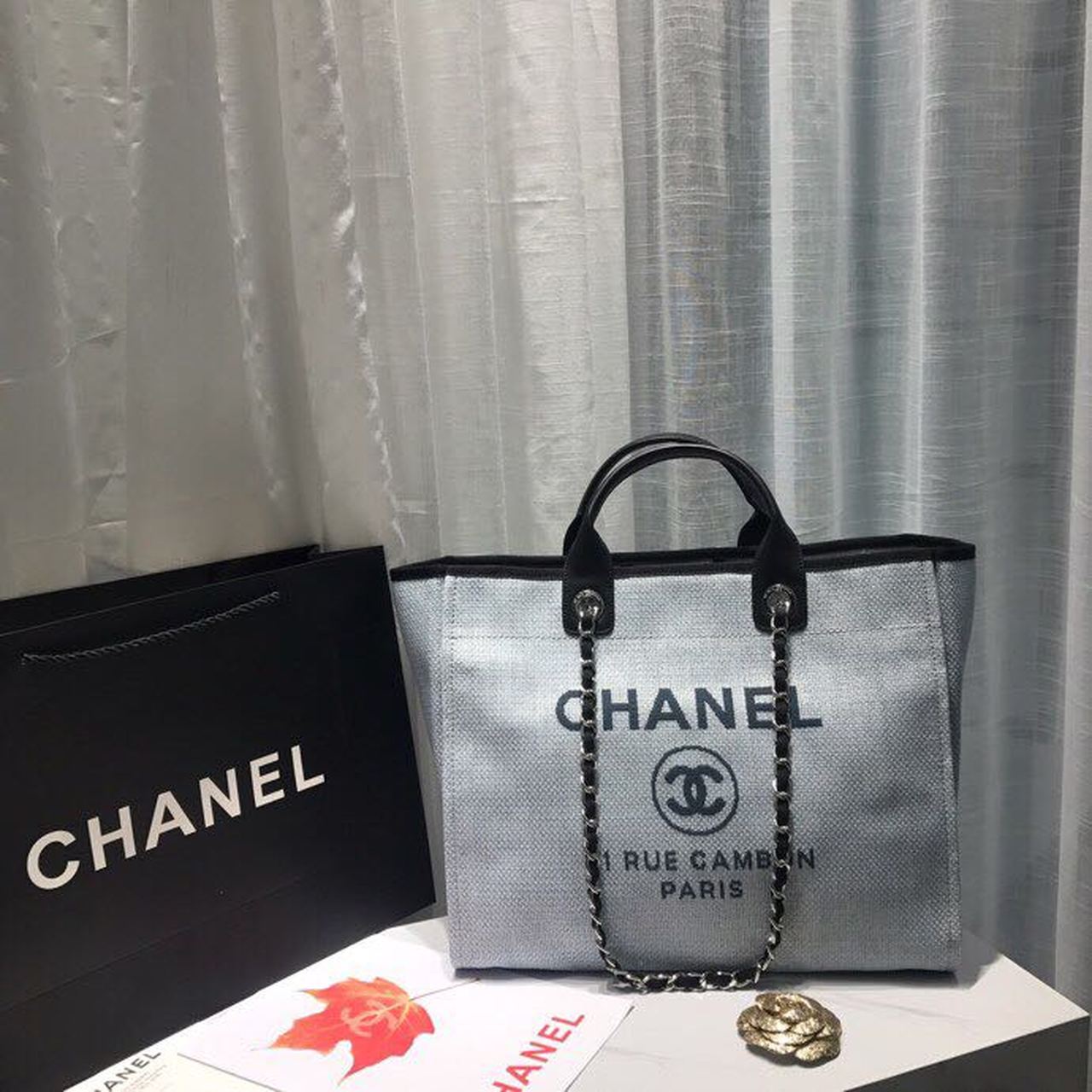 Ch**el Deauville Tote Canvas Bag Light Grey For Women, Women’s Handbags, Shoulder Bags 15in/38cm A66941