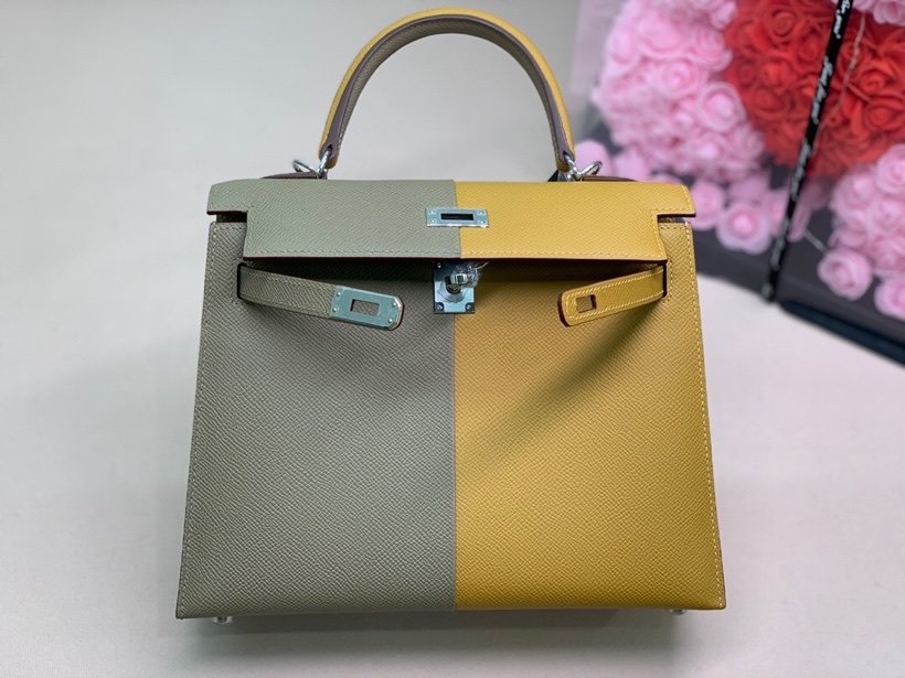 H**me5 Kelly 28 Sellier Epsom Bag Grey/Yellow For Women, Women’s Handbags, Shoulder Bags 11in/28cm