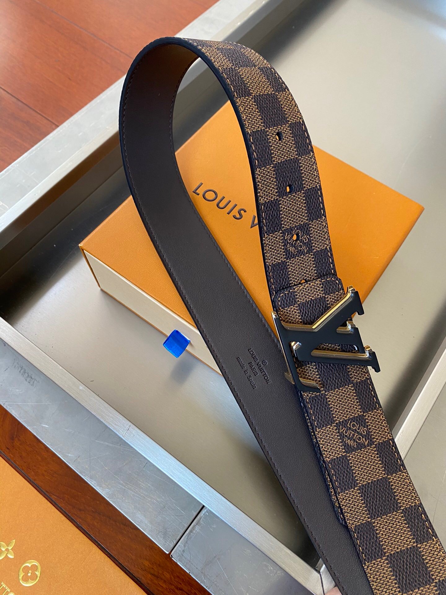 L0vis Vvtt0n Initiales Reversible LV Belt Damier Ebene Canvas with Black Toned Hardware